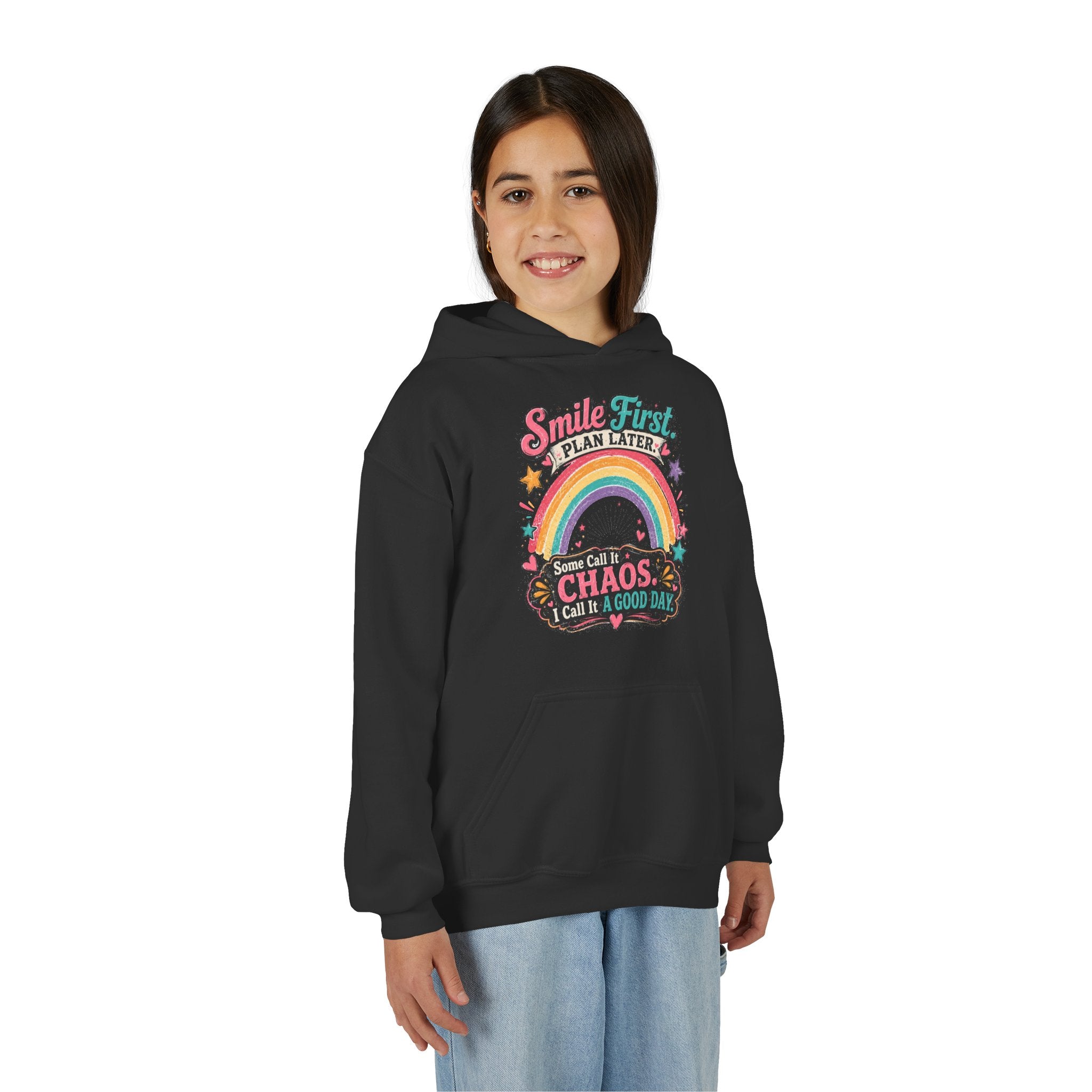 "Smile First, Plan Later" Rainbow Chaos Quote Pullover - Youth Hoodie -