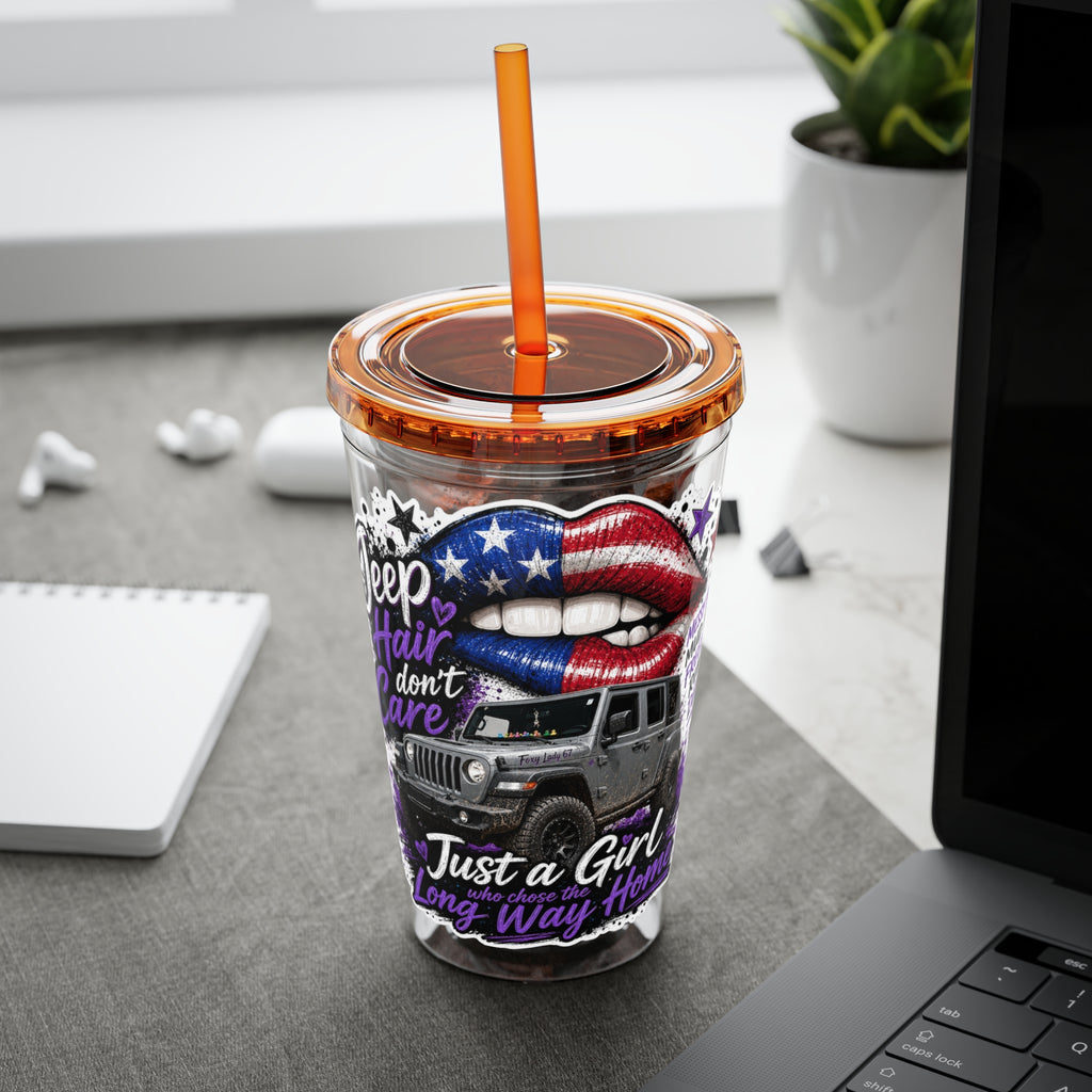 Jeep Girl 16oz Tumbler with Straw — American Flag Lips ‘Jeep Hair Don’t Care’ Design