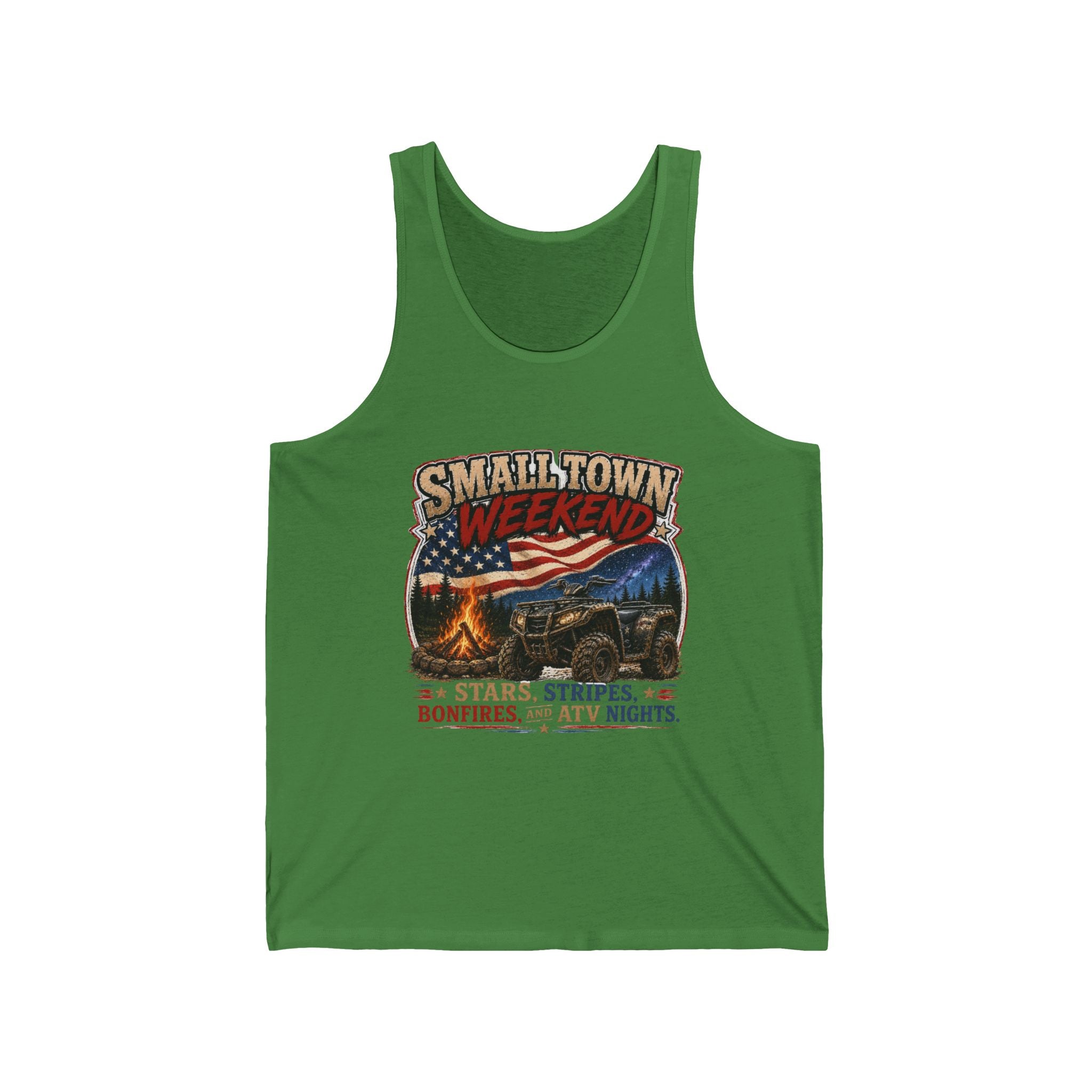 Stars, Stripes, Bonfires & ATV Nights Graphic Tank — Smalltown Weekend Tank Top