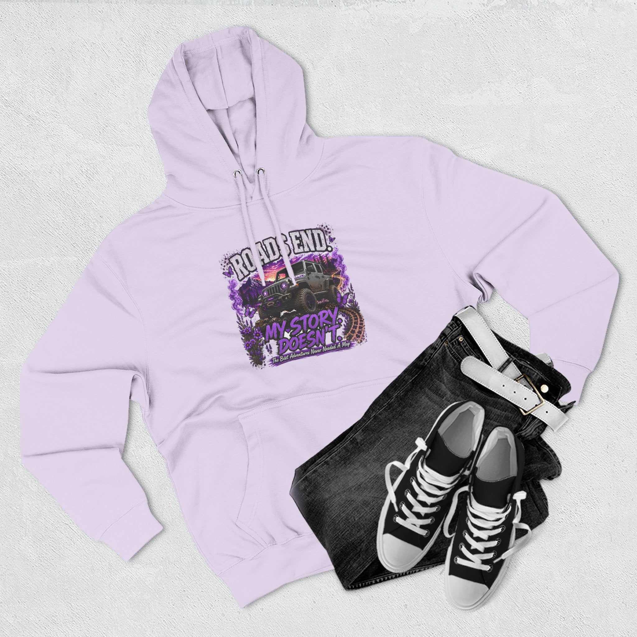 Roads End Jeep (Purple) Three-Panel Fleece Hoodie