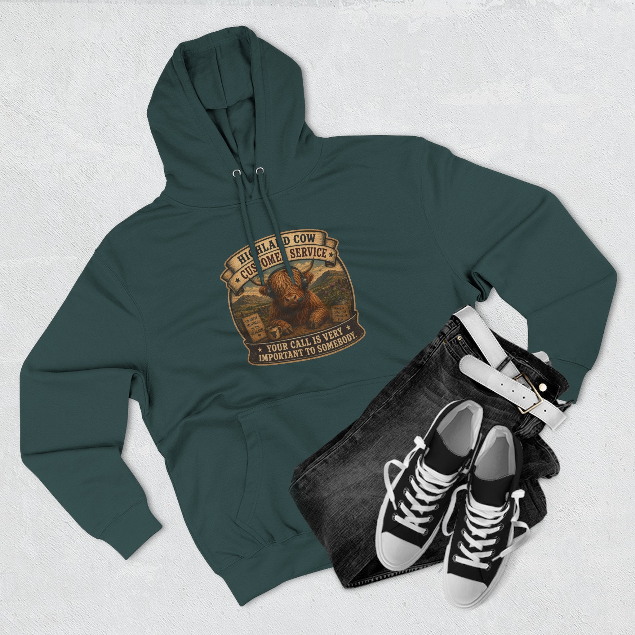 Highland Cow Customer Service Three-Panel Fleece Hoodie