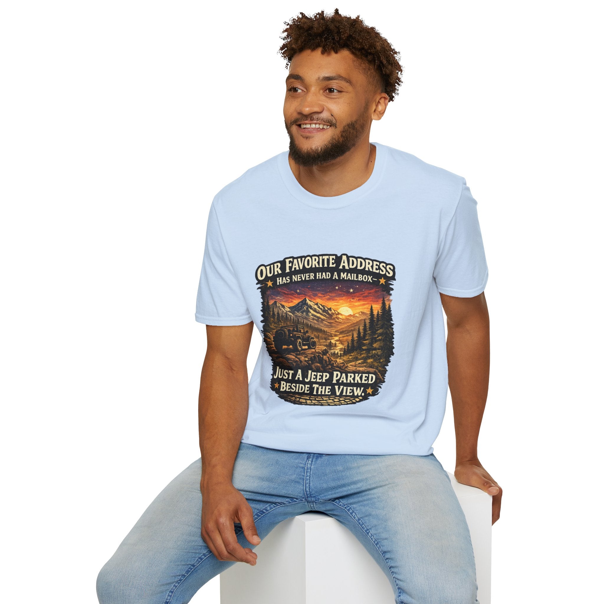 "Our Favorite Address Has Never Had a Mailbox" Scenic Mountain Camping Tee — T-Shirt