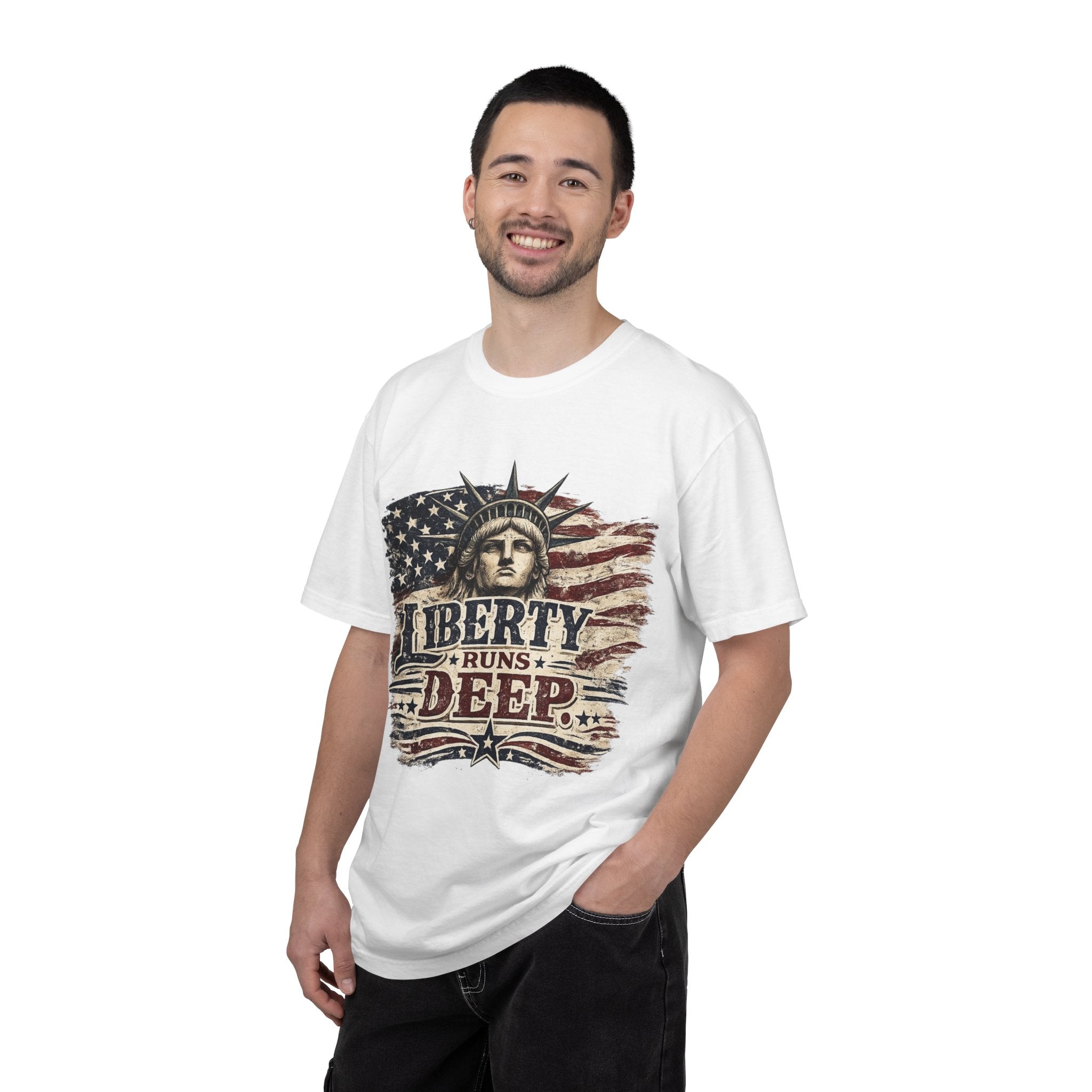 Liberty Runs Deep T-Shirt — Vintage Statue of Liberty & American Flag Graphic