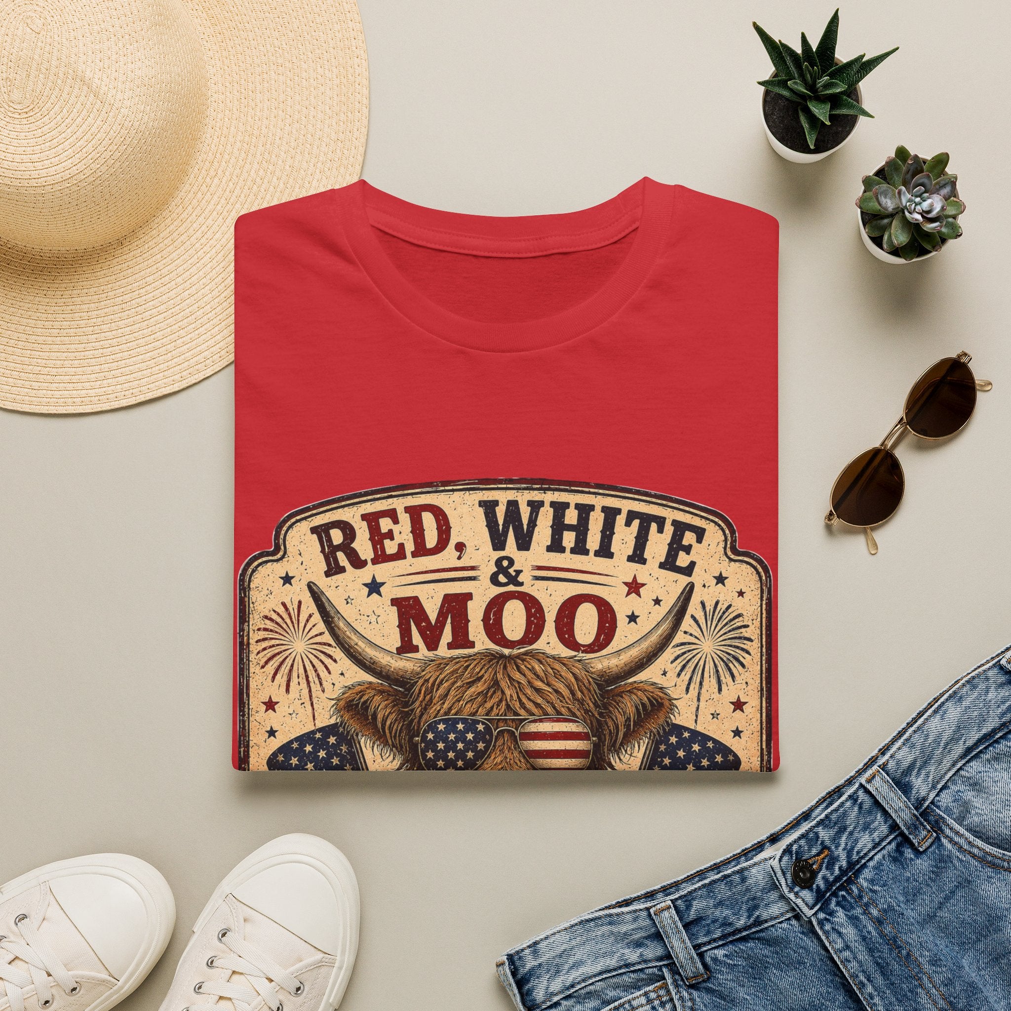 Red, White, & Moo Highland Cow Unisex Softstyle T-Shirt