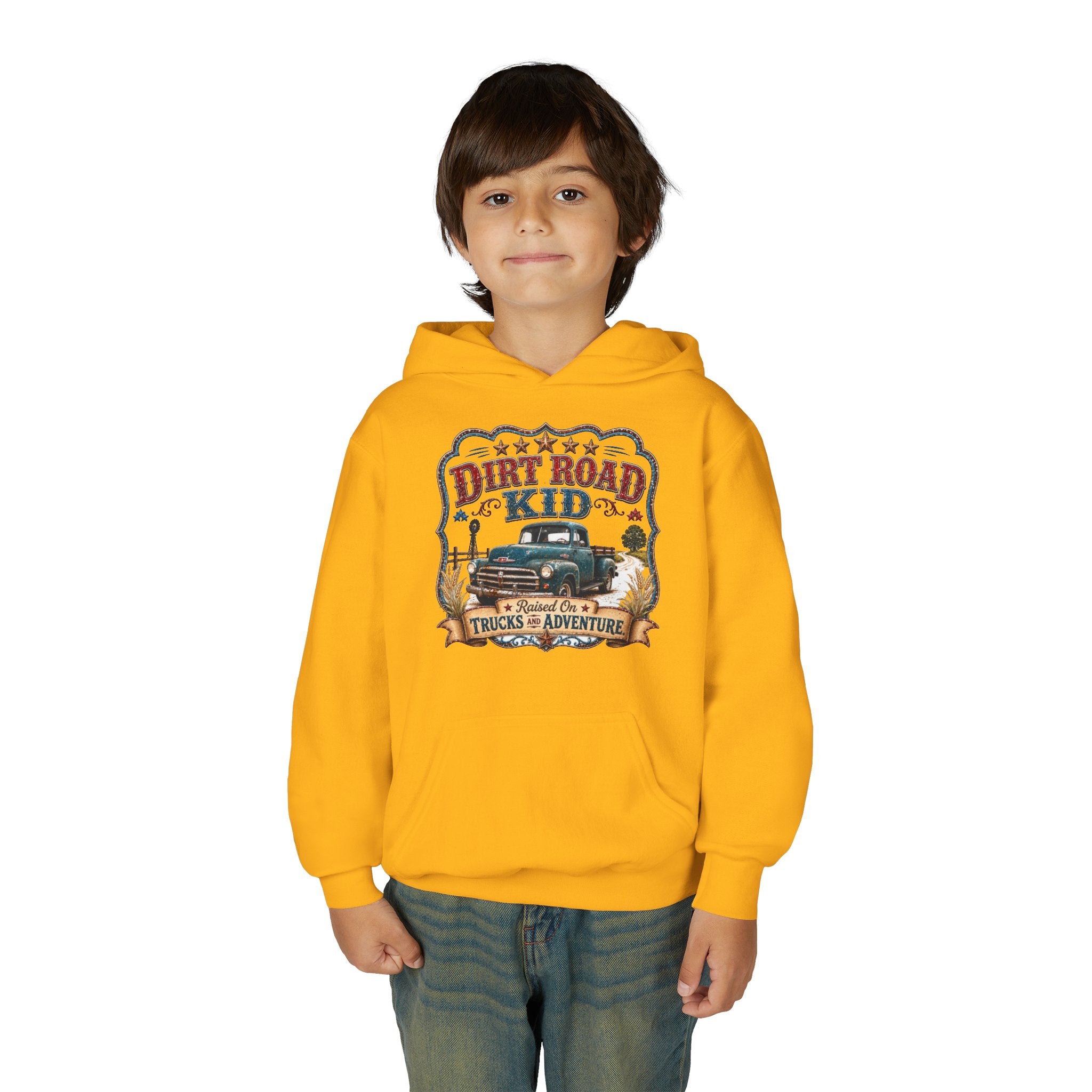 Youth Hoodie — “Dirt Road Kid” Vintage Truck Adventure Sweatshirt