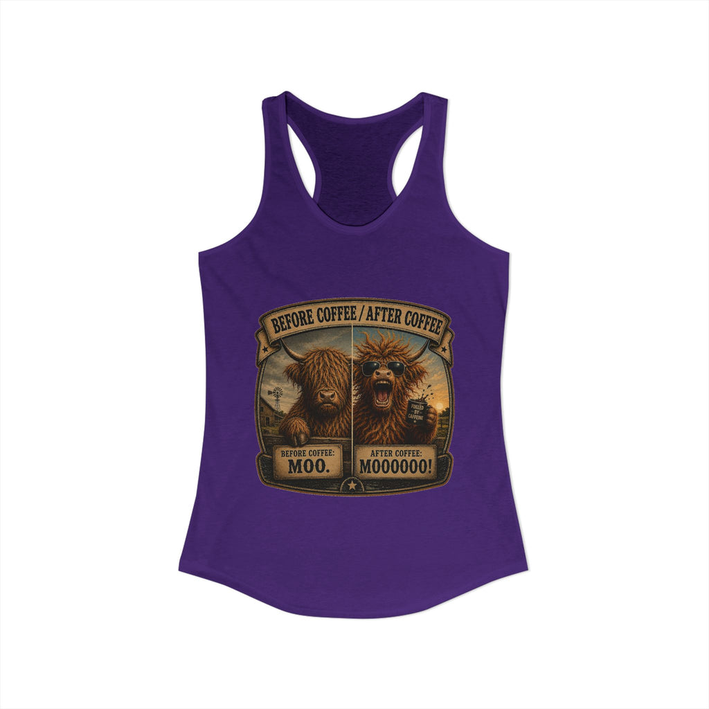 Before Coffee/After Coffee Highland Cow Women's Ideal Racerback Tank