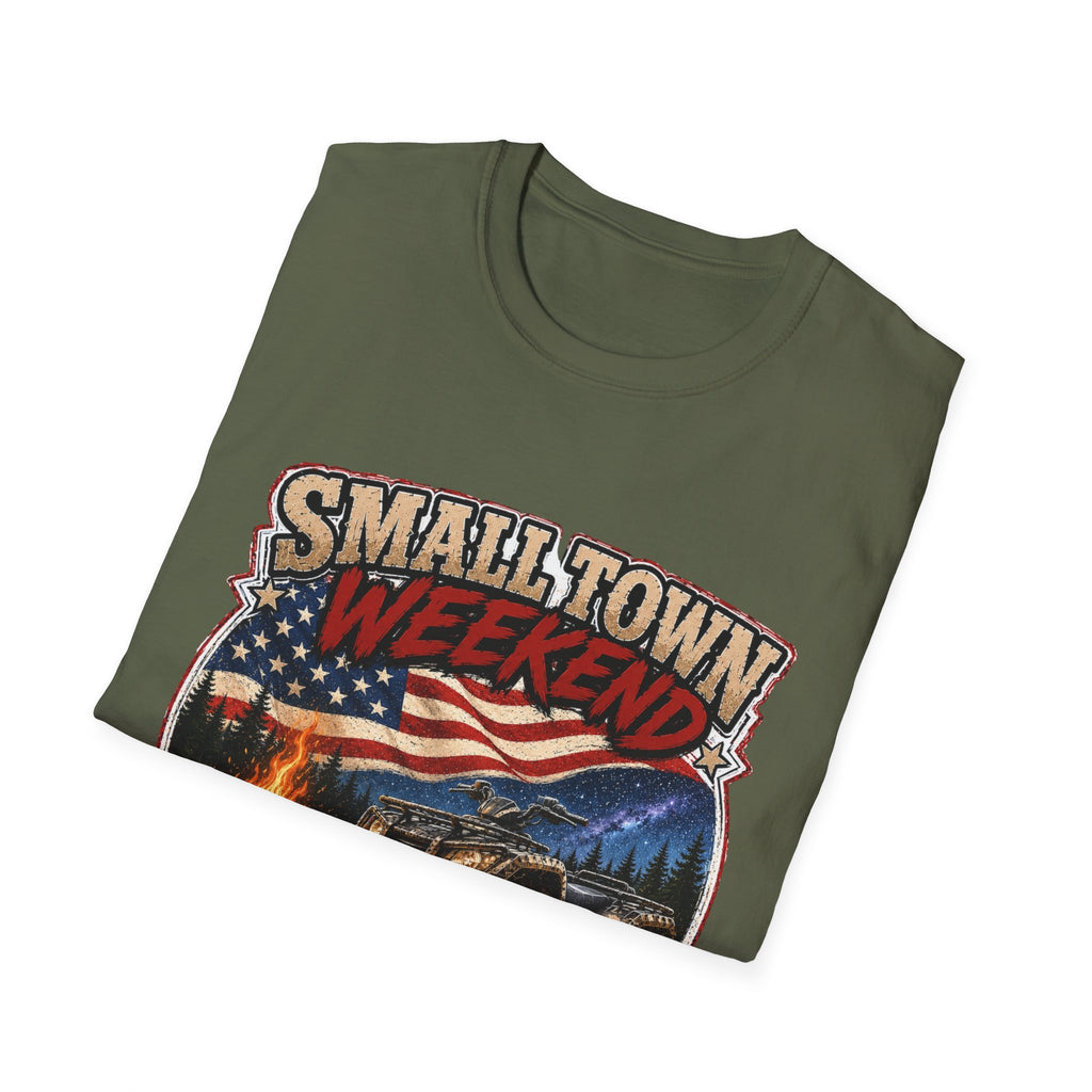 Small Town Weekend T-Shirt — Americana Flag, Bonfire & ATV Retro Graphic