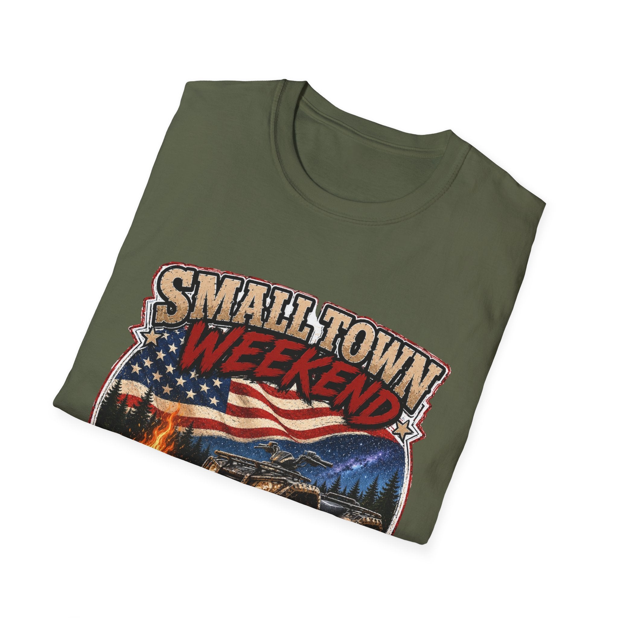 Small Town Weekend T-Shirt — Americana Flag, Bonfire & ATV Retro Graphic