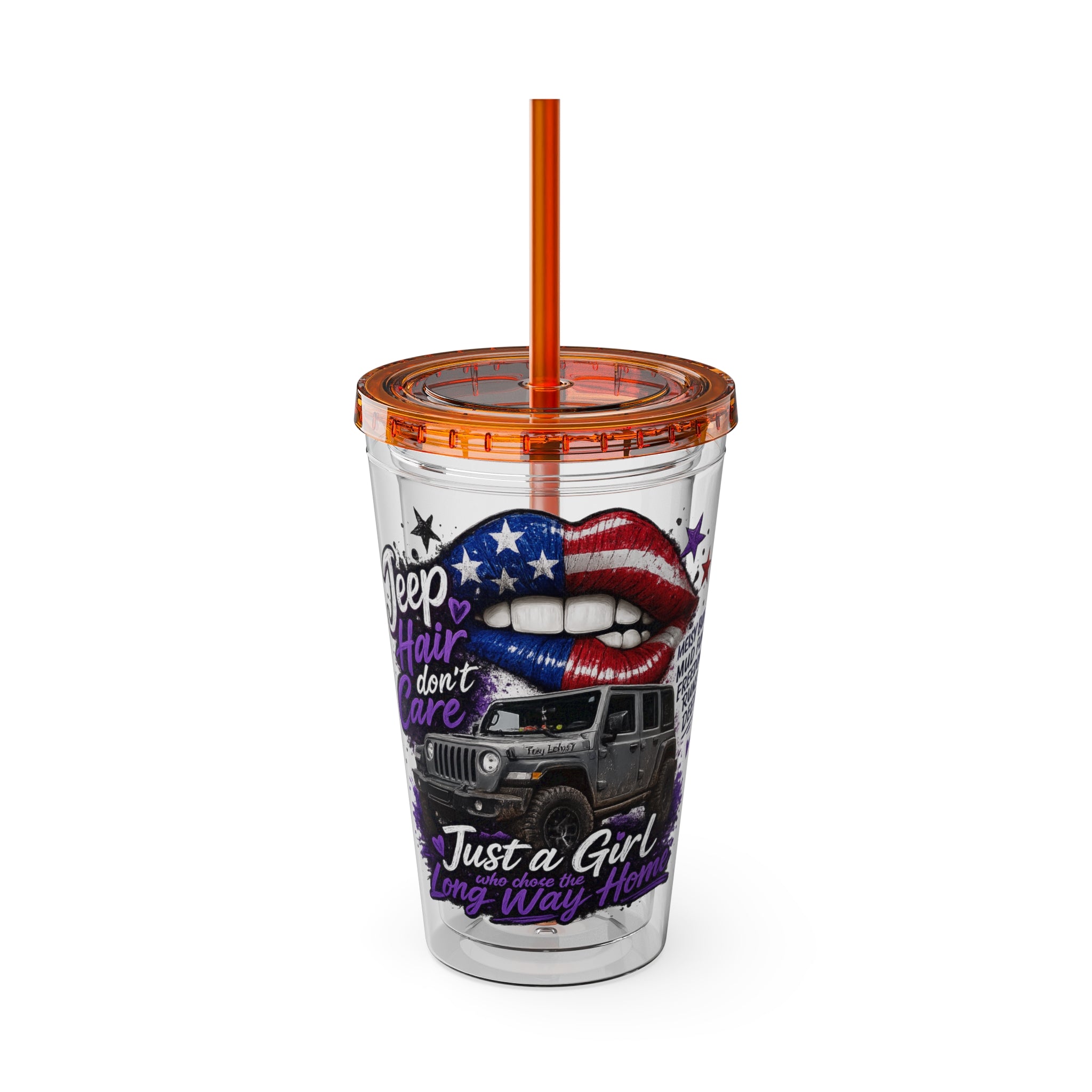 Jeep Girl 16oz Tumbler with Straw — American Flag Lips ‘Jeep Hair Don’t Care’ Design