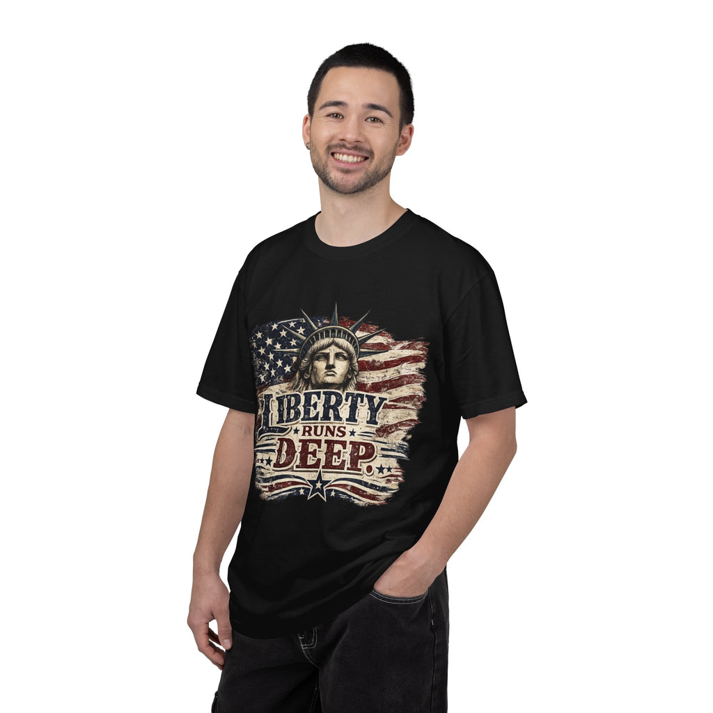 Liberty Runs Deep T-Shirt — Vintage Statue of Liberty & American Flag Graphic