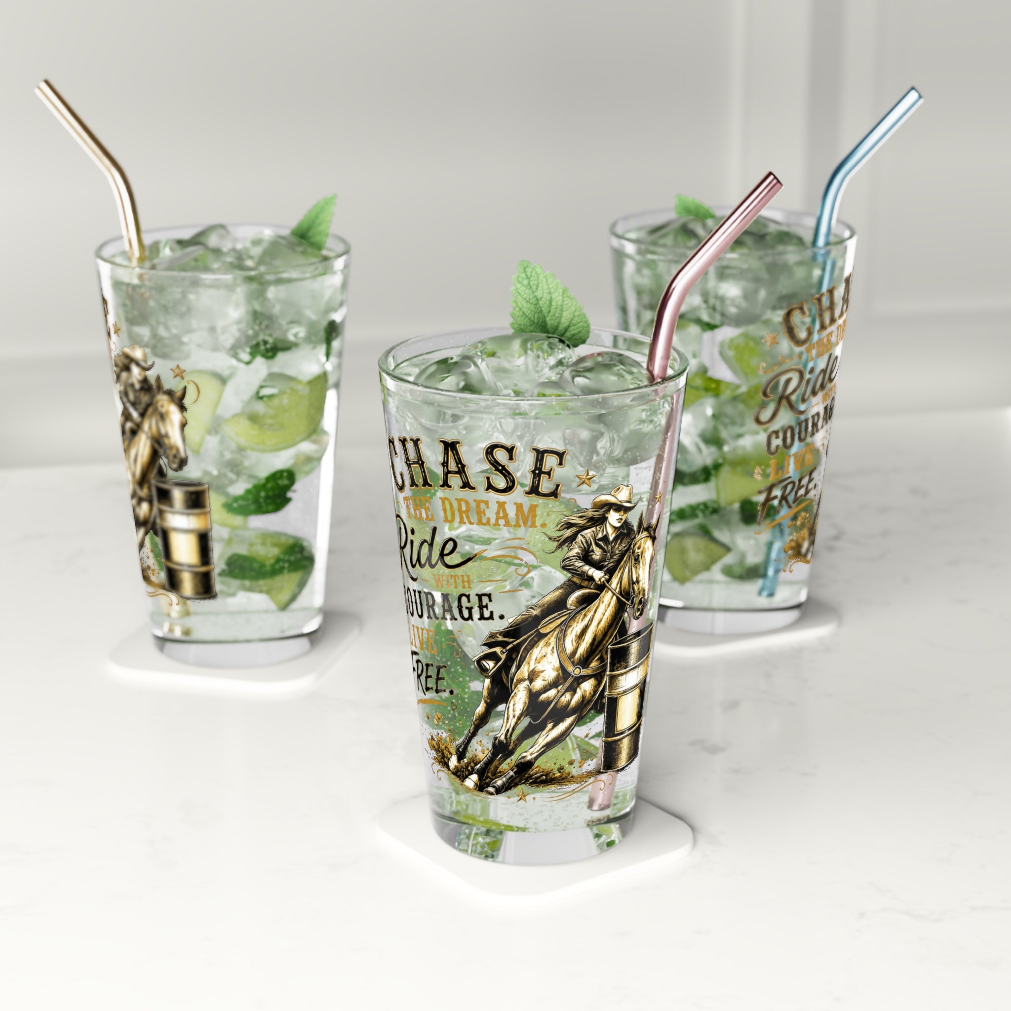 Chase the Dream Horse Gold Pint Glass, 16oz