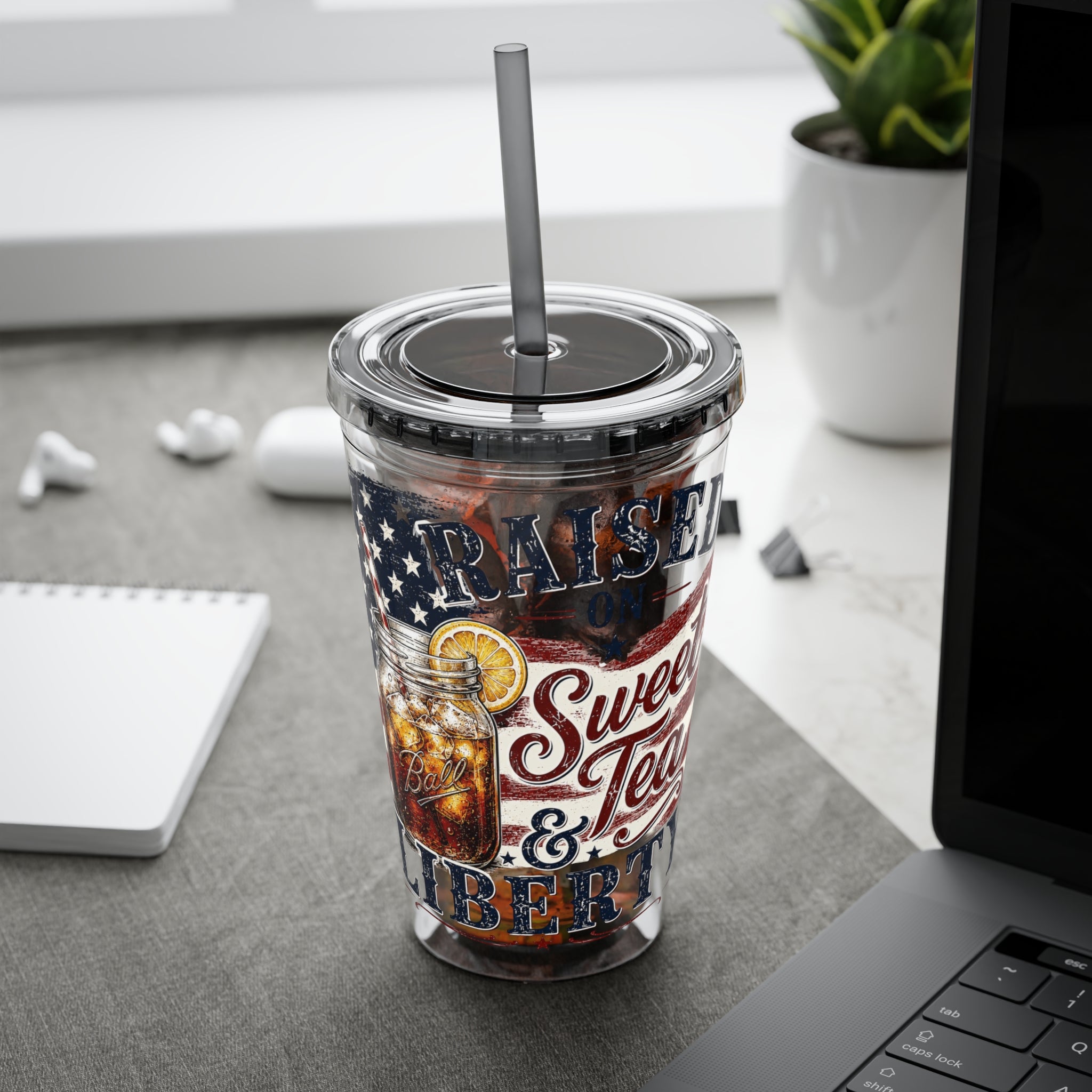 Raised On Sweet Tea & Liberty Sunsplash Tumbler with Straw, 16oz