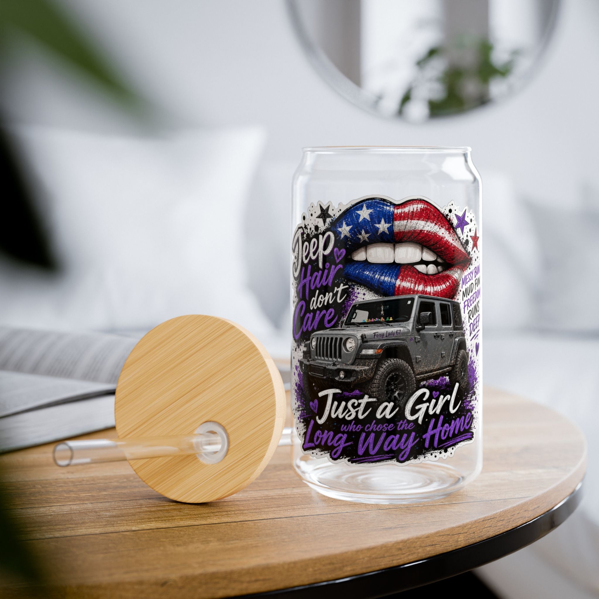 Jeep Girl 16oz Sipper Glass – 'Jeep Hair Don't Care' Patriotic Lips Design