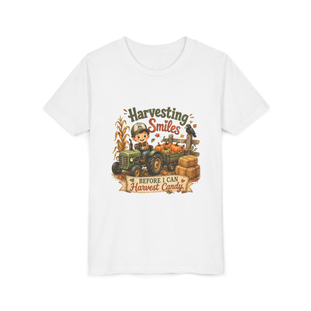 "Harvesting Smiles Before I Can Harvest Candy" Fall Tractor Halloween Kids Shirt — Youth Tee