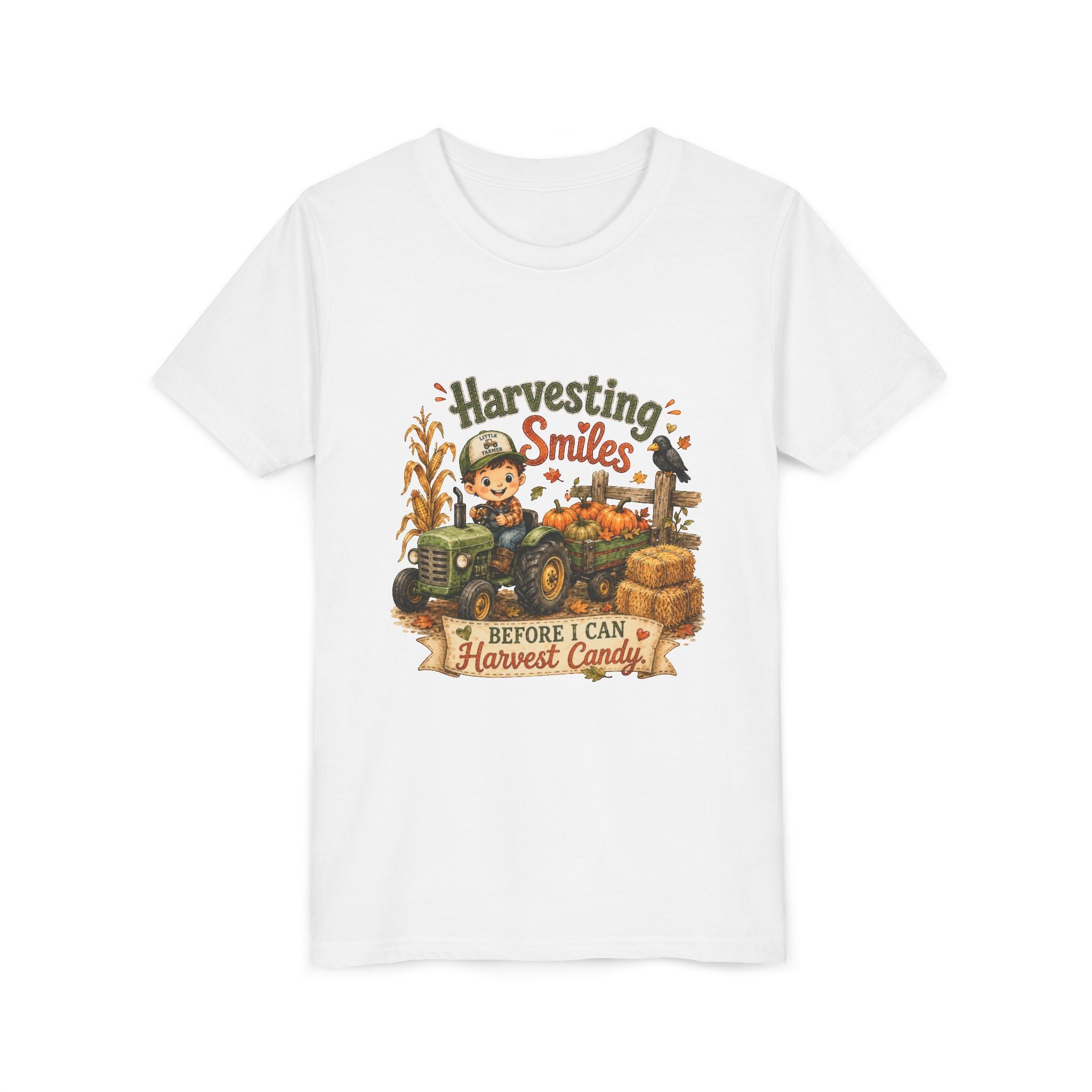 "Harvesting Smiles Before I Can Harvest Candy" Fall Tractor Halloween Kids Shirt — Youth Tee