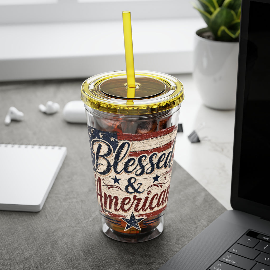 Blessed & American Sunsplash Tumbler with Straw, 16oz