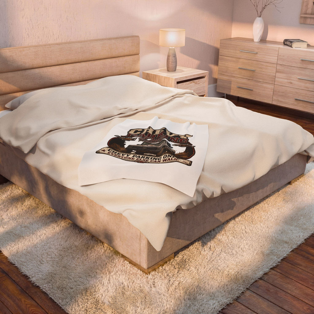 Chevy Parking Only Plush Blanket — Vintage Truck Crew Throw with "Chevy Parking Only. Everyone Else Can Walk." Design