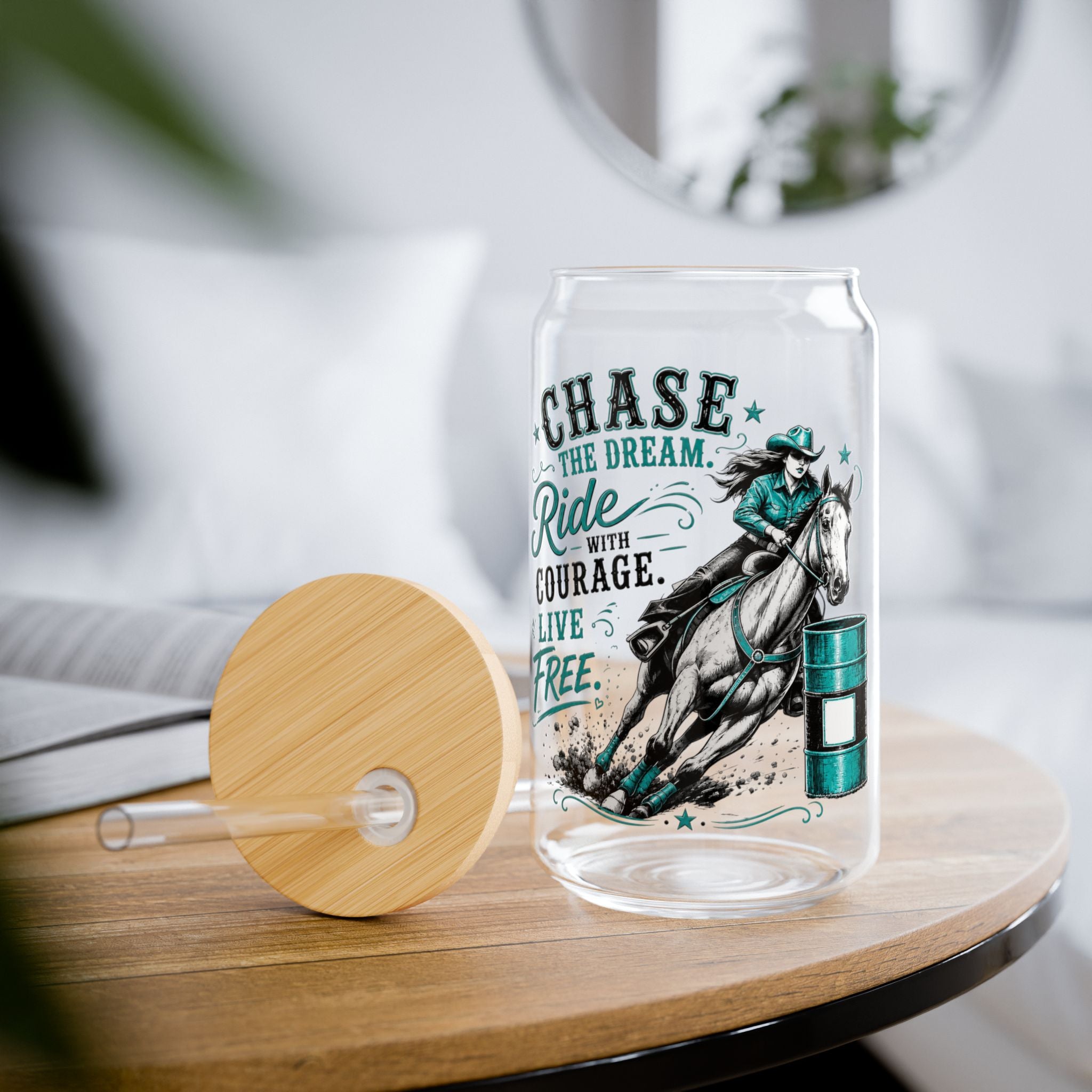 Chase the Dream Horse Teal Glass Straw Cup, 16oz