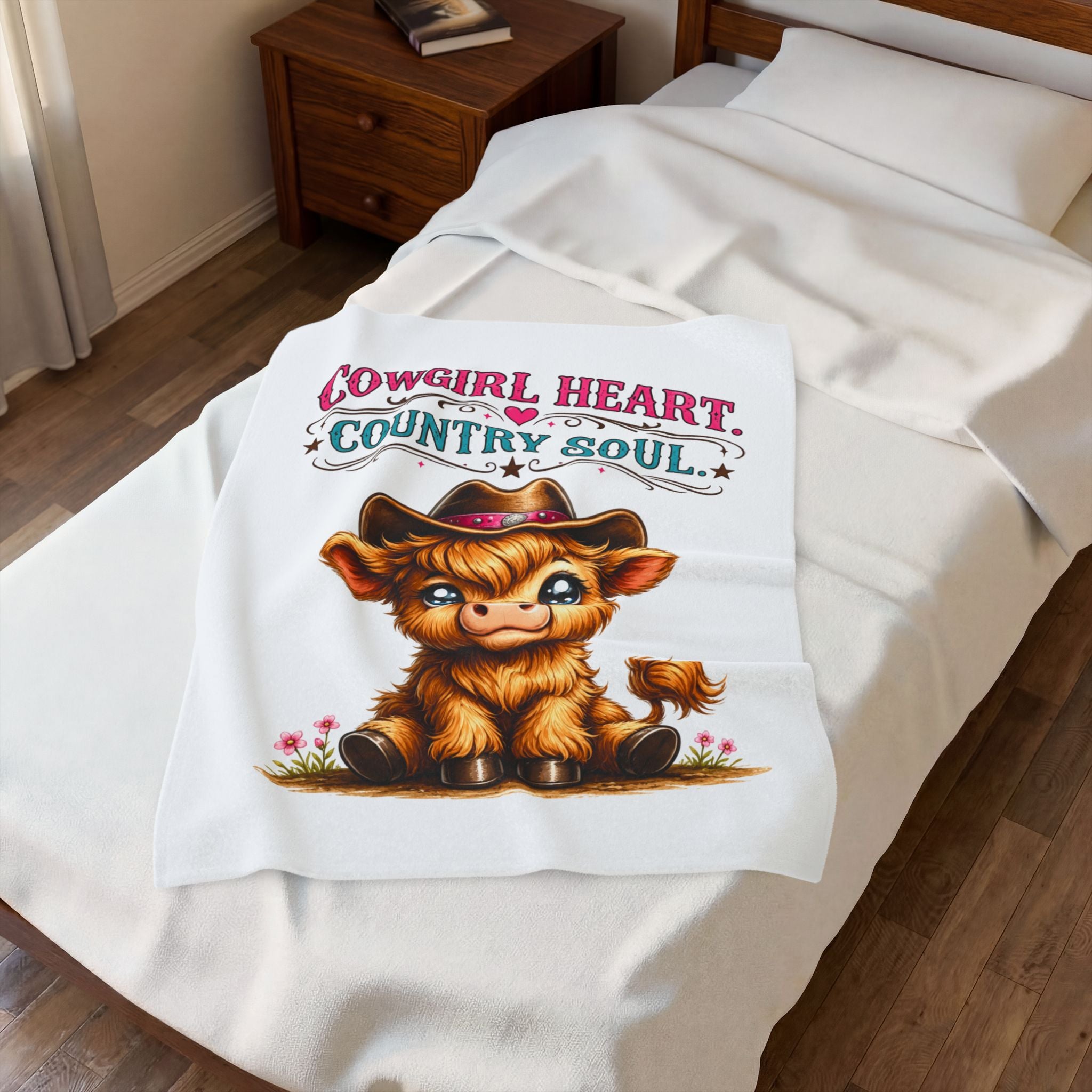 Cowgirl Heart Velveteen Plush Blanket — Cute Cowgirl Calf Design, "Cowgirl Heart Country Soul" Throw