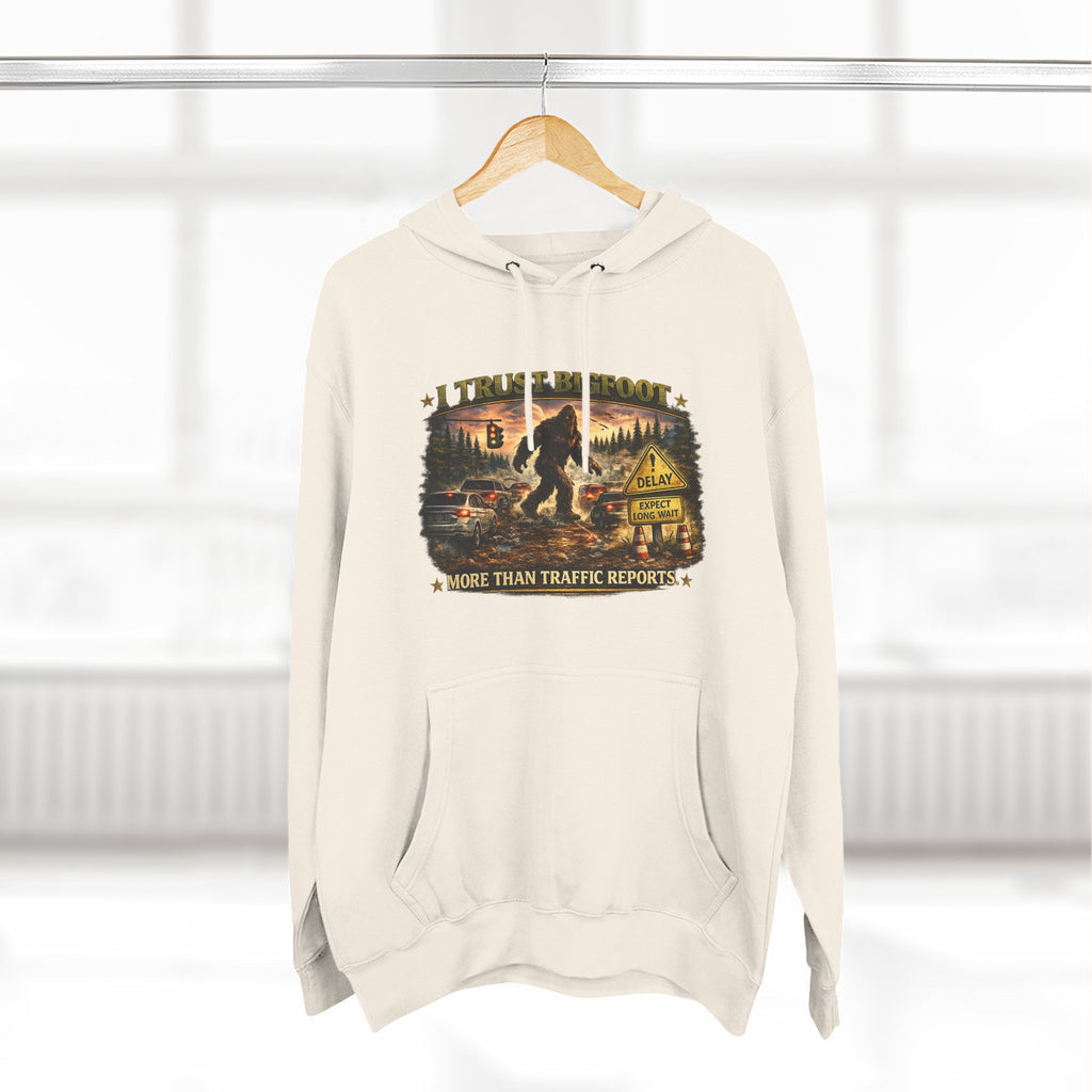 Bigfoot Forest Hoodie - "More Than Traffic Reports" Retro Sasquatch Graphic Hoodie