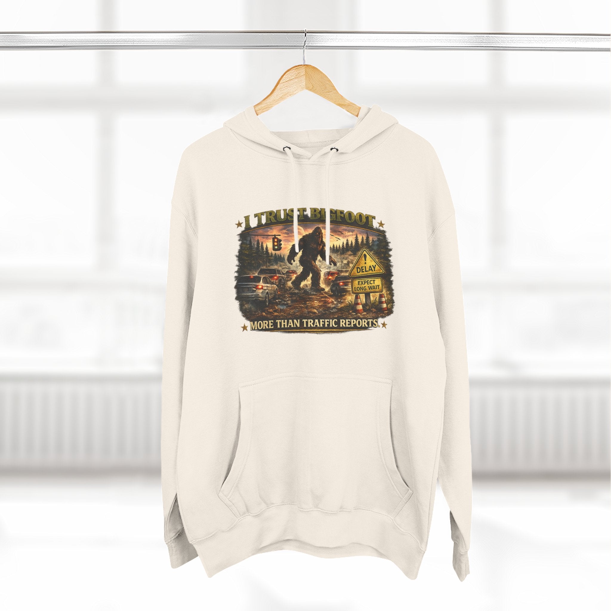 Bigfoot Forest Hoodie - "More Than Traffic Reports" Retro Sasquatch Graphic Hoodie