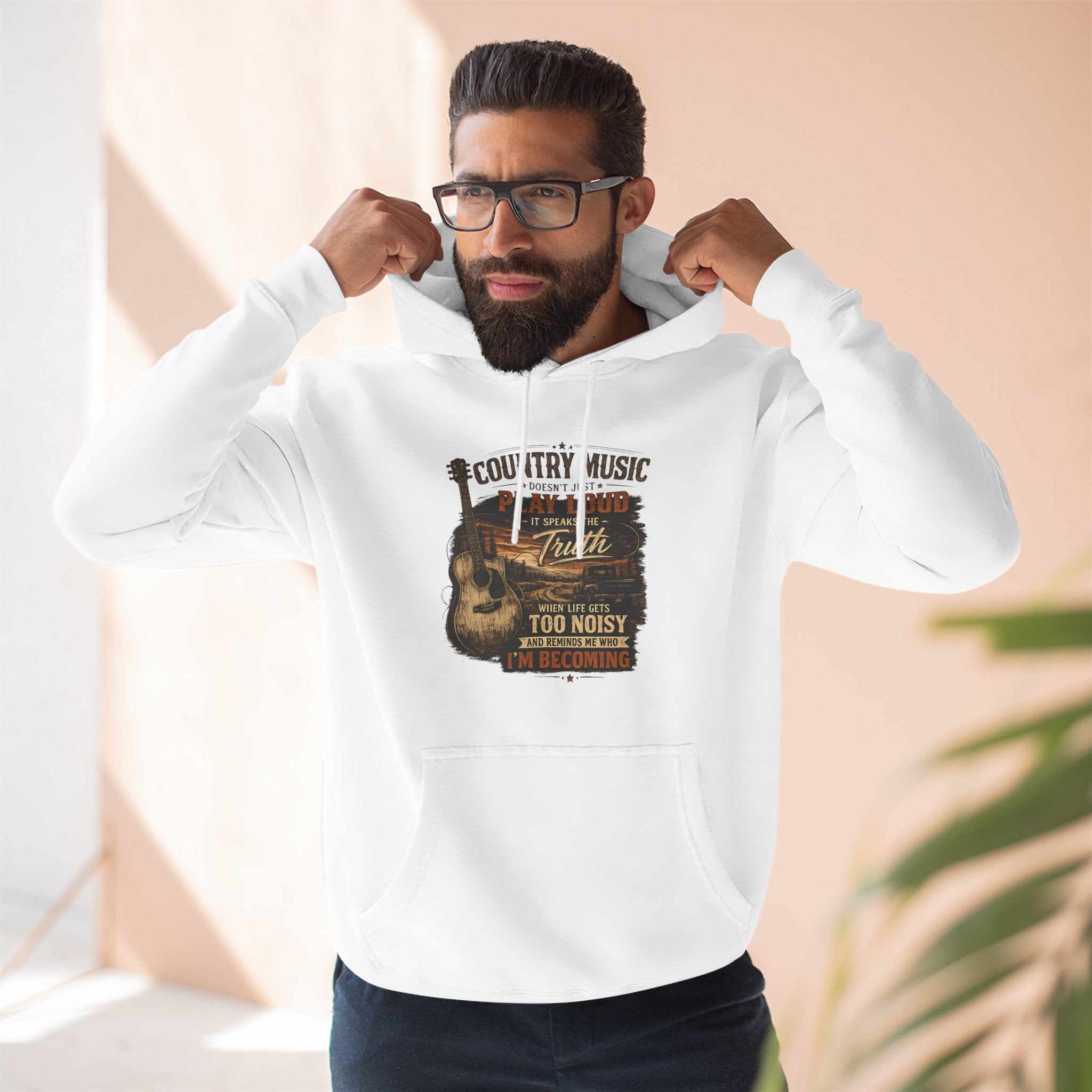 Country Music Guitar Hoodie — "Country Music: Too Loud For The City" Fleece Sweatshirt