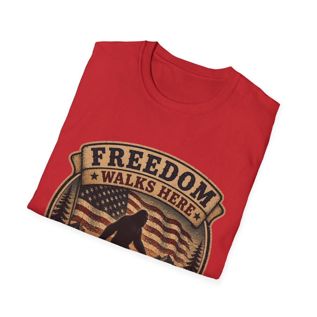 Freedom Walks Here T-Shirt — Patriotic Bigfoot Graphic Tee