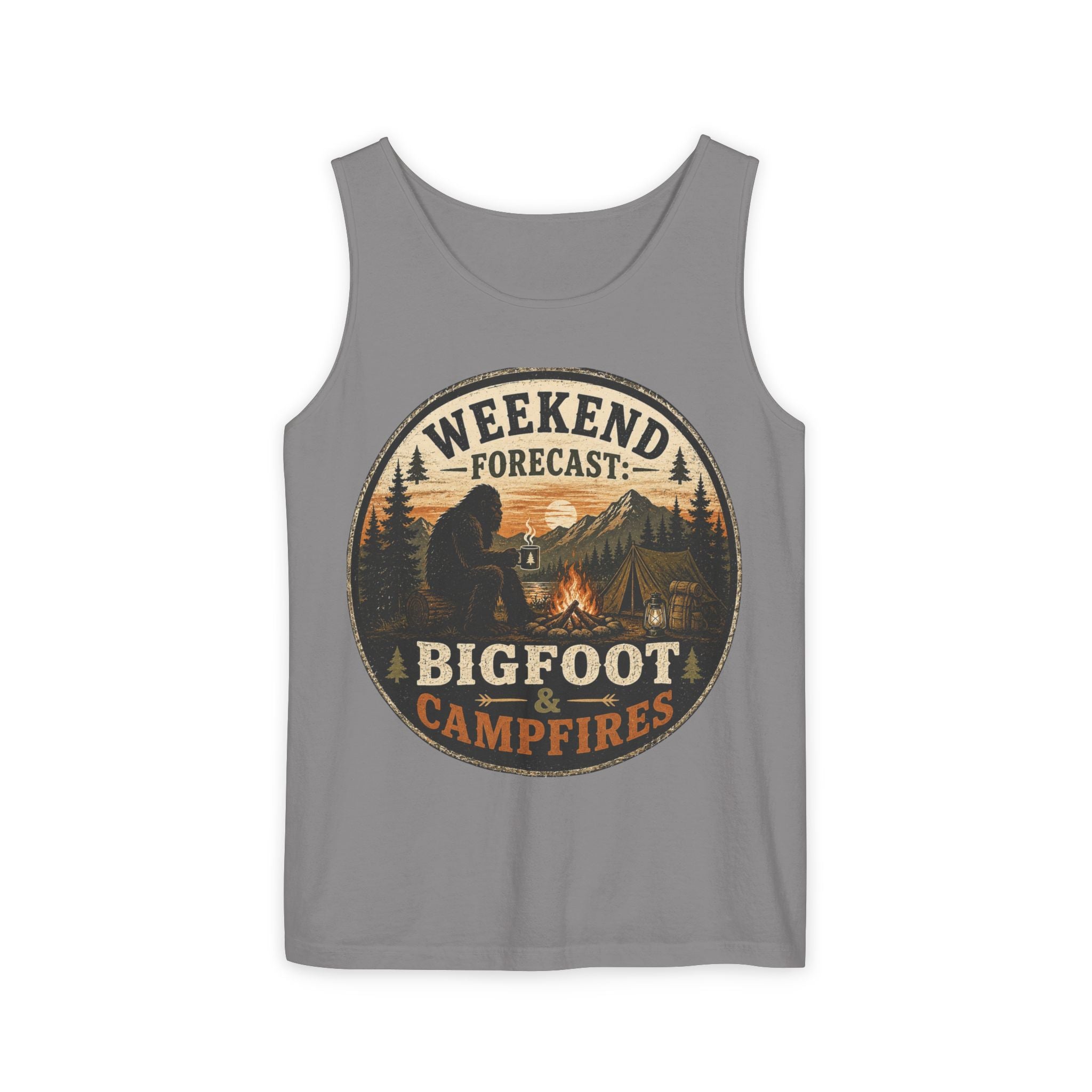 Bigfoot & Campfires Tank Top — "Weekend Forecast: Bigfoot & Campfires" Outdoor Camping Tank