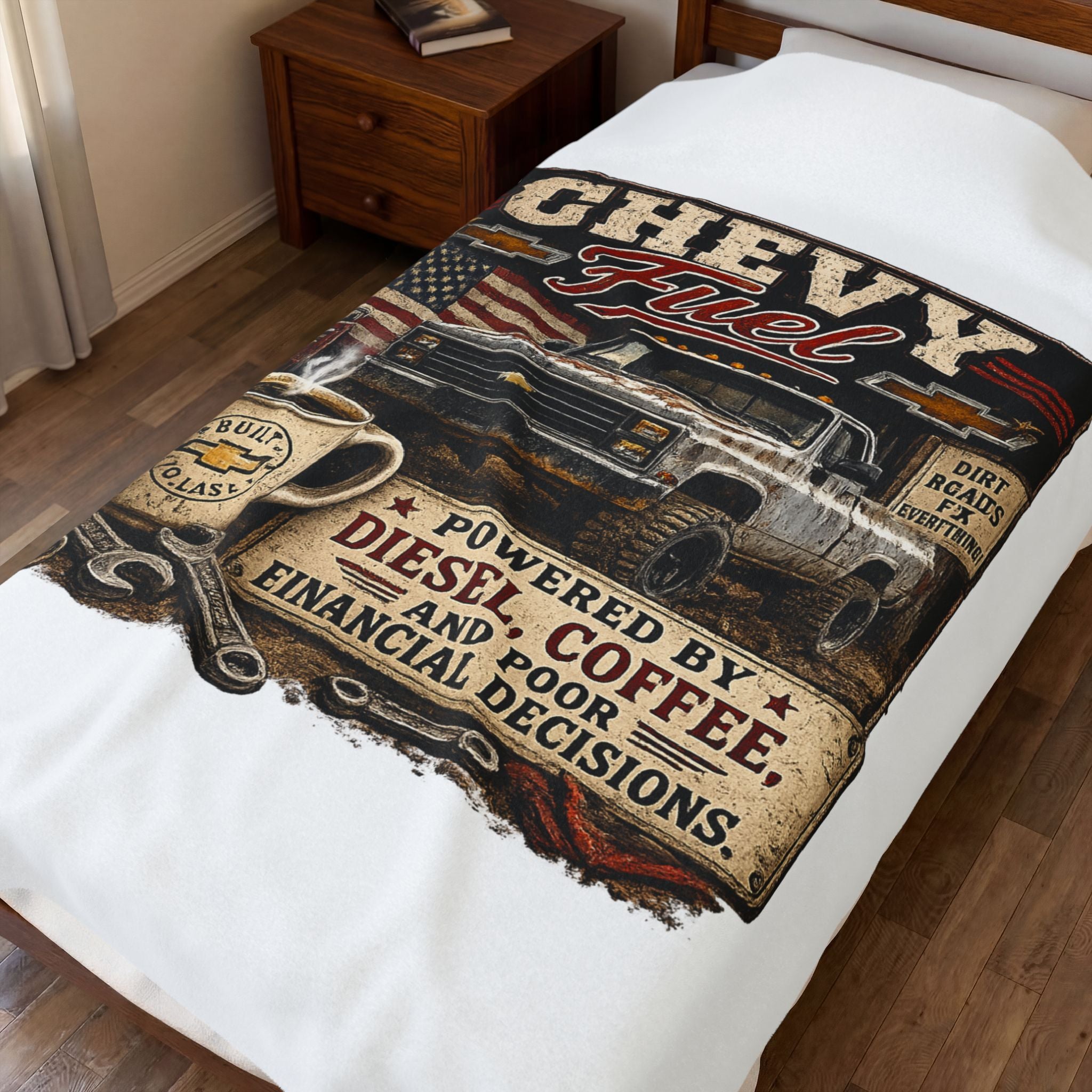 Chevy Fuel Velveteen Plush Blanket – 'Powered by Diesel, Coffee, and Poor Financial Decisions' Truck Graphic Throw