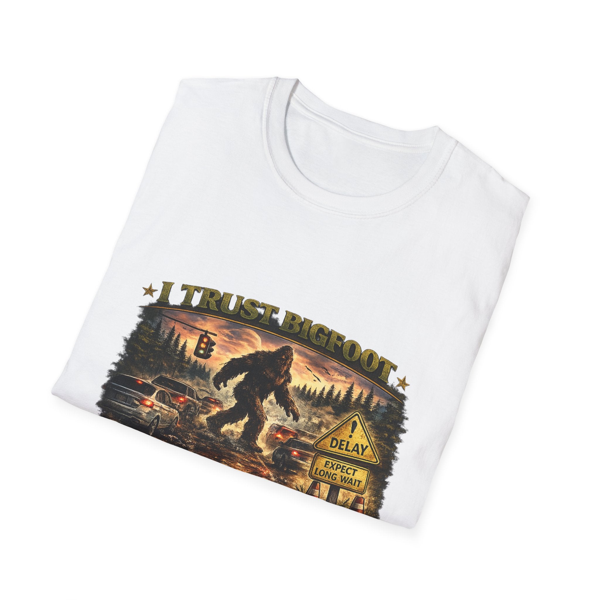 Bigfoot Graphic T-Shirt — "I Trust Bigfoot" Vintage Forest Design