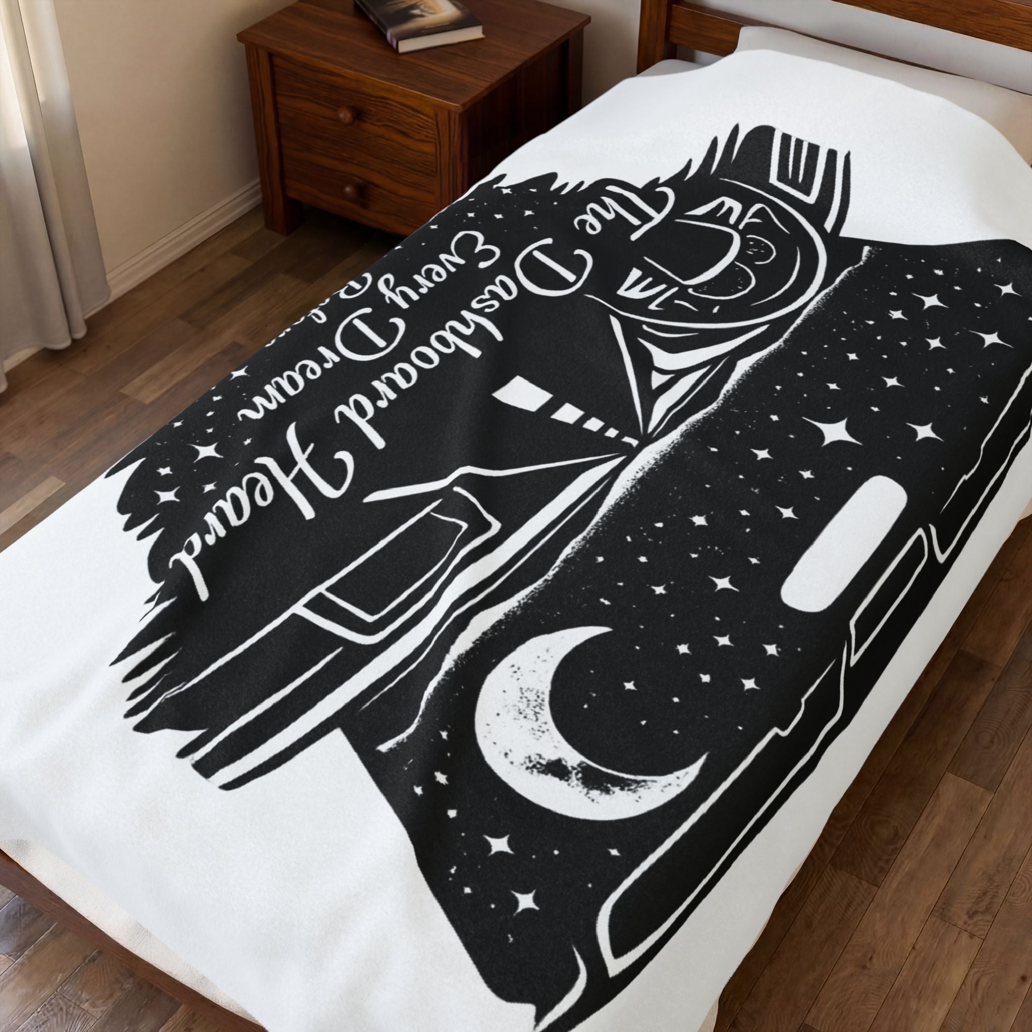'The Dashboard Heard Every Dream' Retro Camper Moonlight Design - Velveteen Plush Blanket