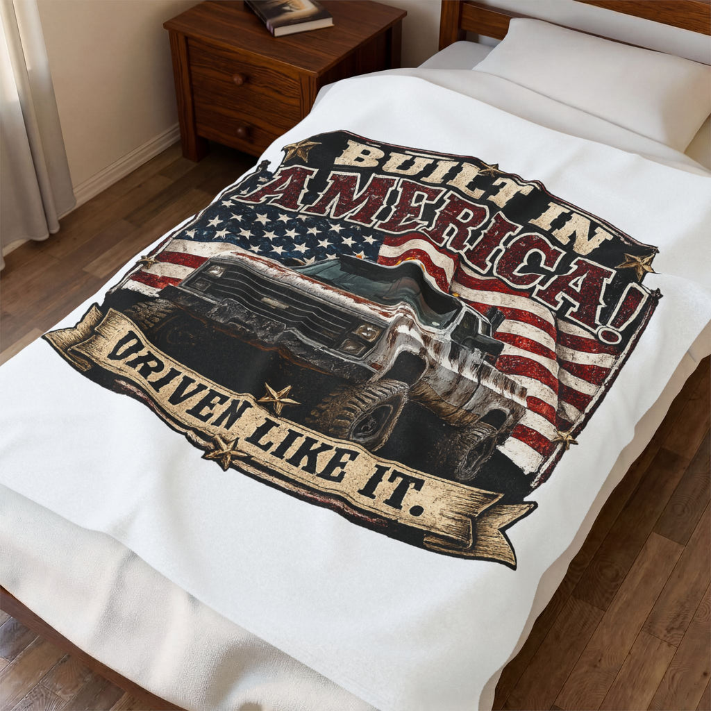 "Built in America! Driven Like It." Vintage Truck & American Flag Throw — Velveteen Plush Blanket