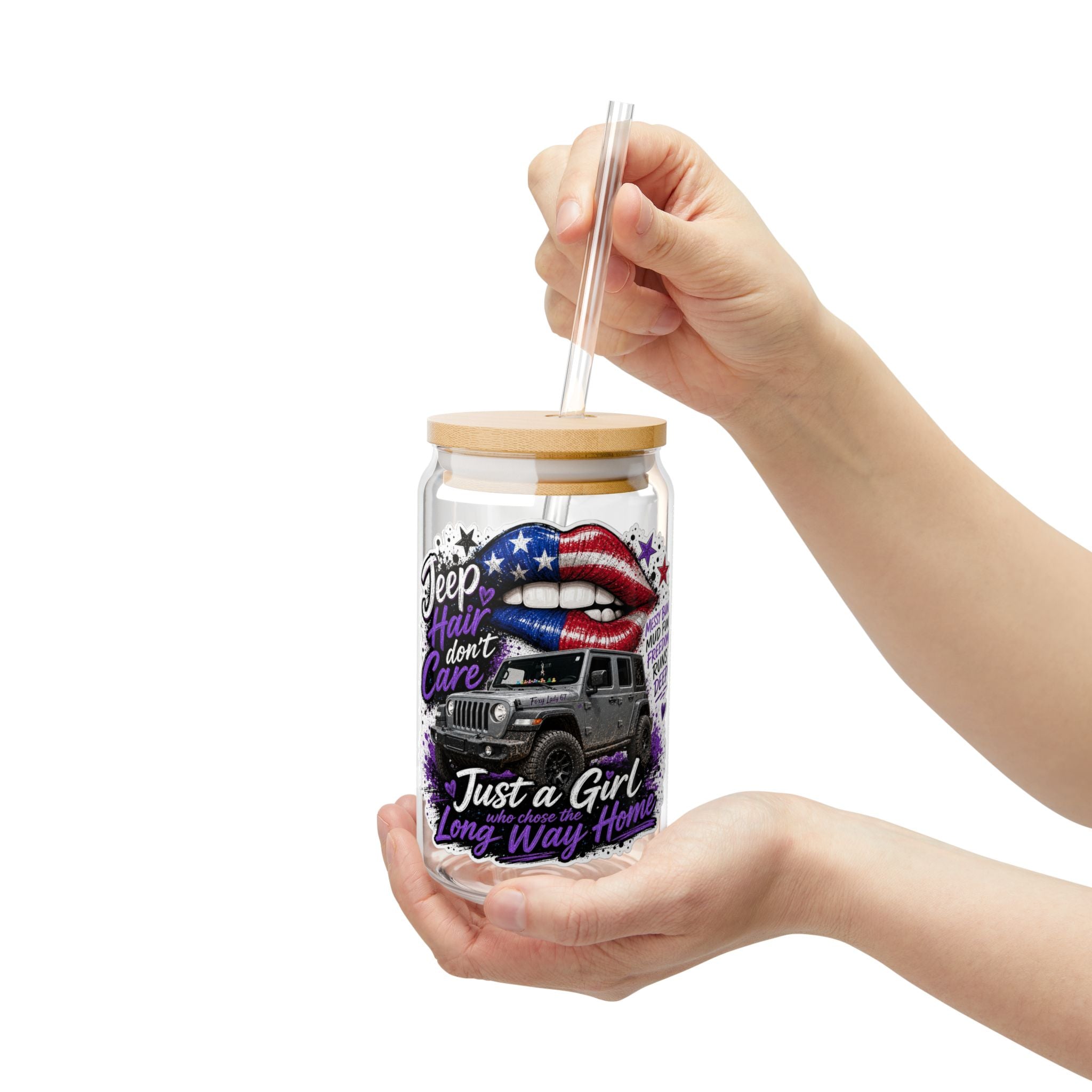 Jeep Girl 16oz Sipper Glass – 'Jeep Hair Don't Care' Patriotic Lips Design