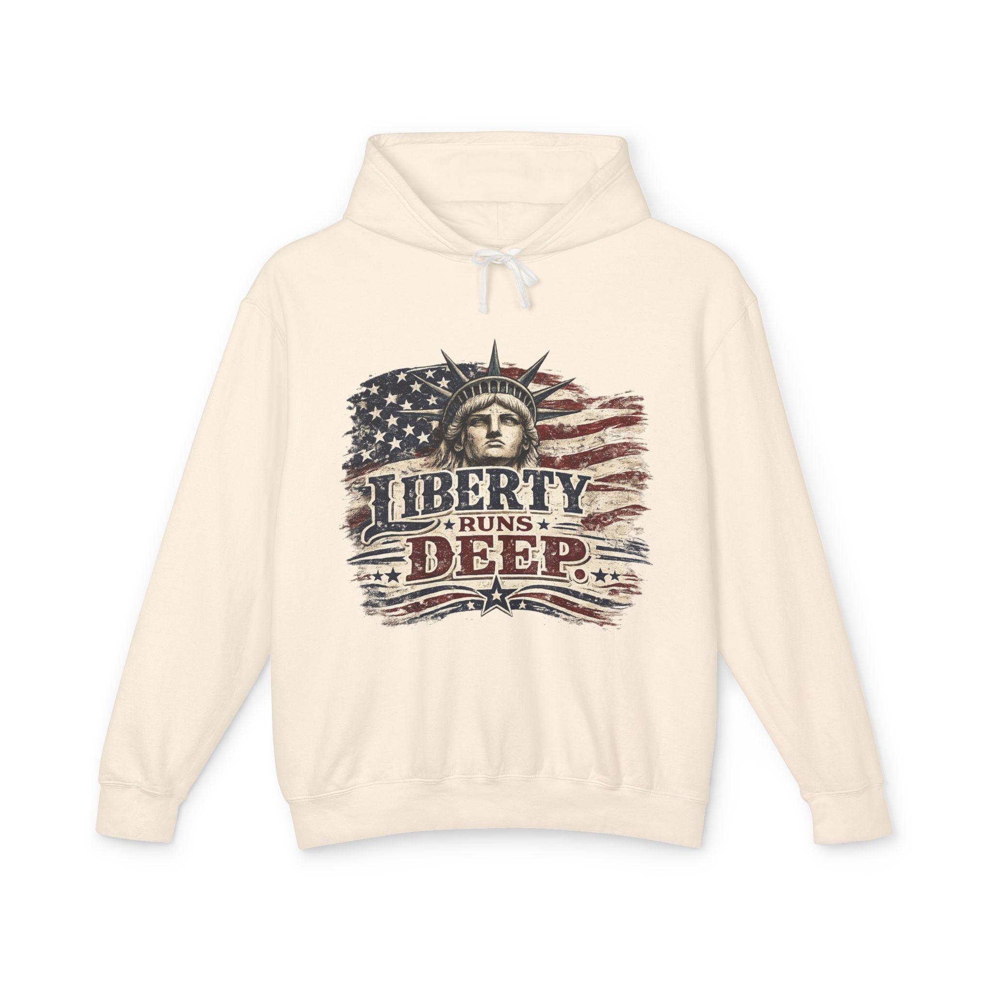 Liberty Runs Deep Hoodie — Patriotic Statue of Liberty Flag Sweatshirt