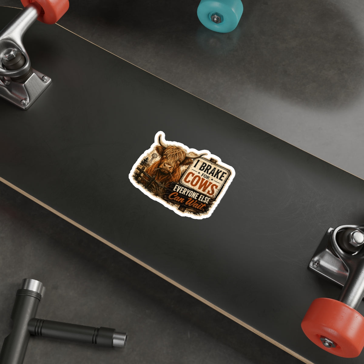 I Brake for Cows Die-Cut Sticker — Vintage Highland Cow Rustic Vinyl Decal