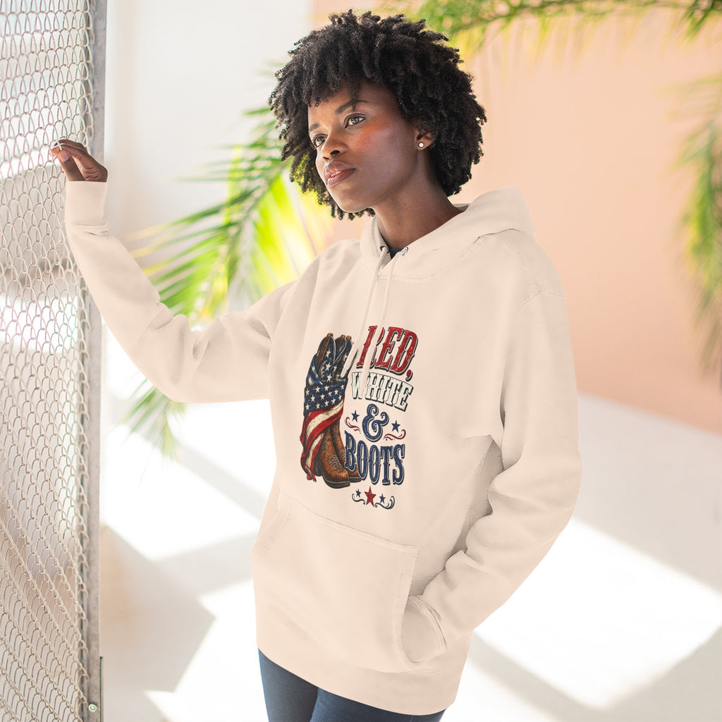 Patriotic 'Red White & Boots' Hoodie — American Flag Cowboy Boots Pullover