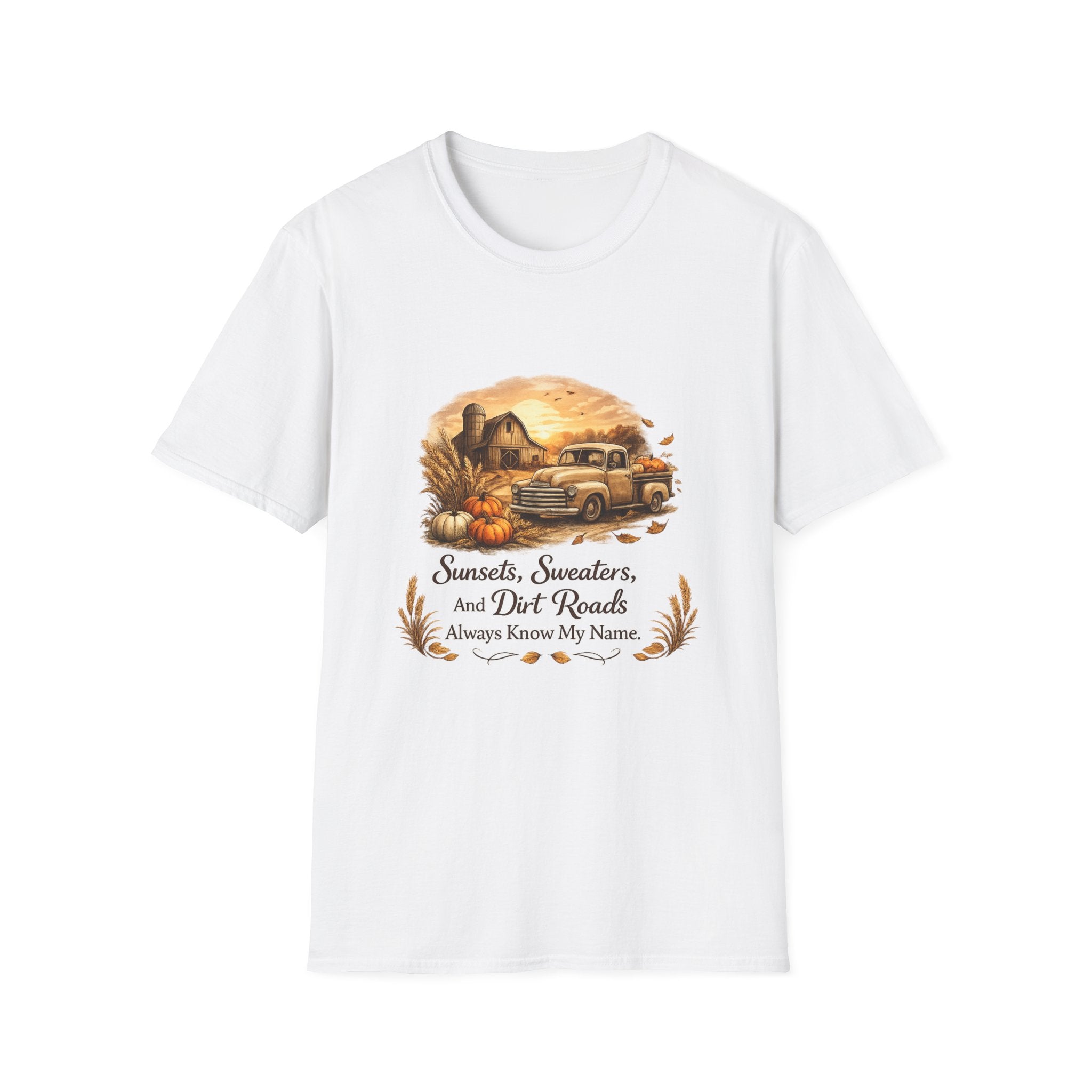 'Sunsets, Sweaters, and Dirt Roads' Vintage Autumn Tee — Fall Farm Truck T‑Shirt