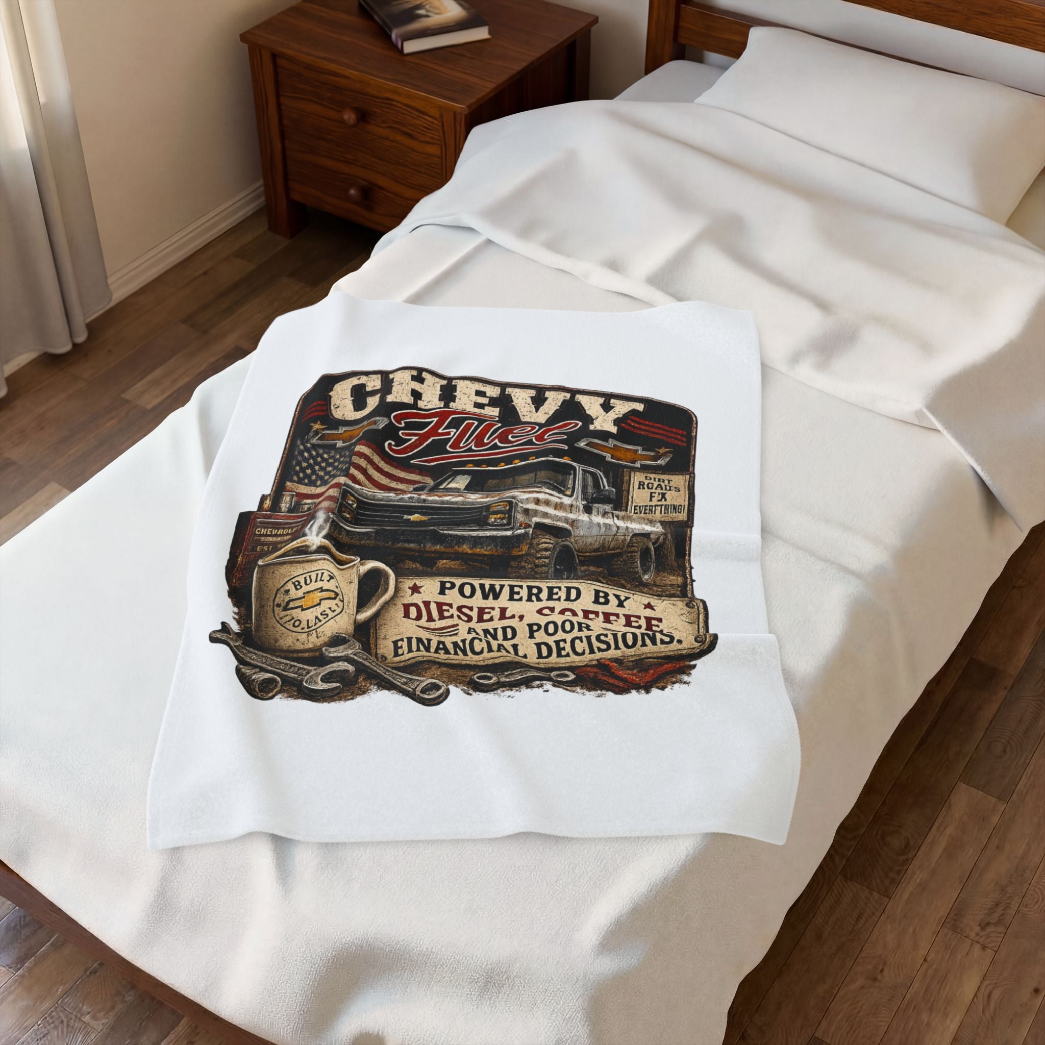 Chevy Fuel Velveteen Plush Blanket – 'Powered by Diesel, Coffee, and Poor Financial Decisions' Truck Graphic Throw