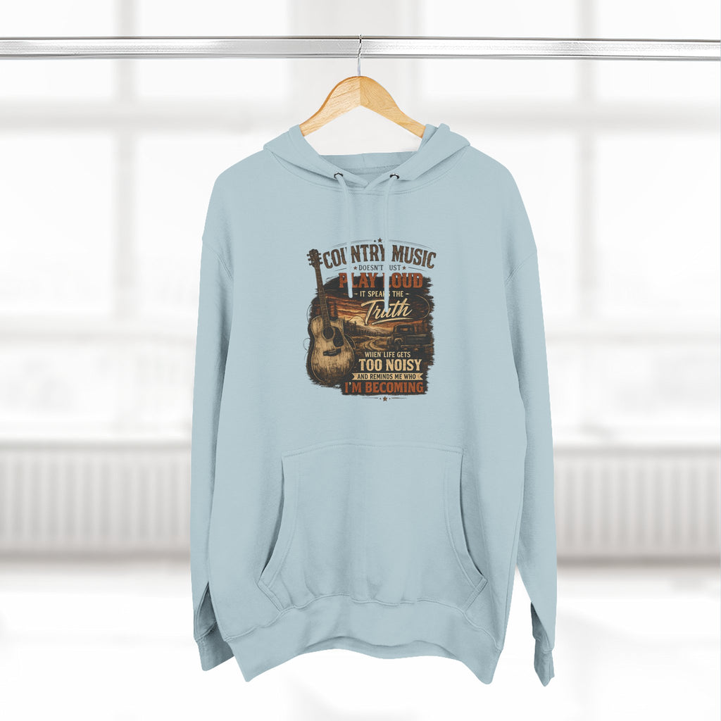 Country Music Guitar Hoodie — "Country Music: Too Loud For The City" Fleece Sweatshirt