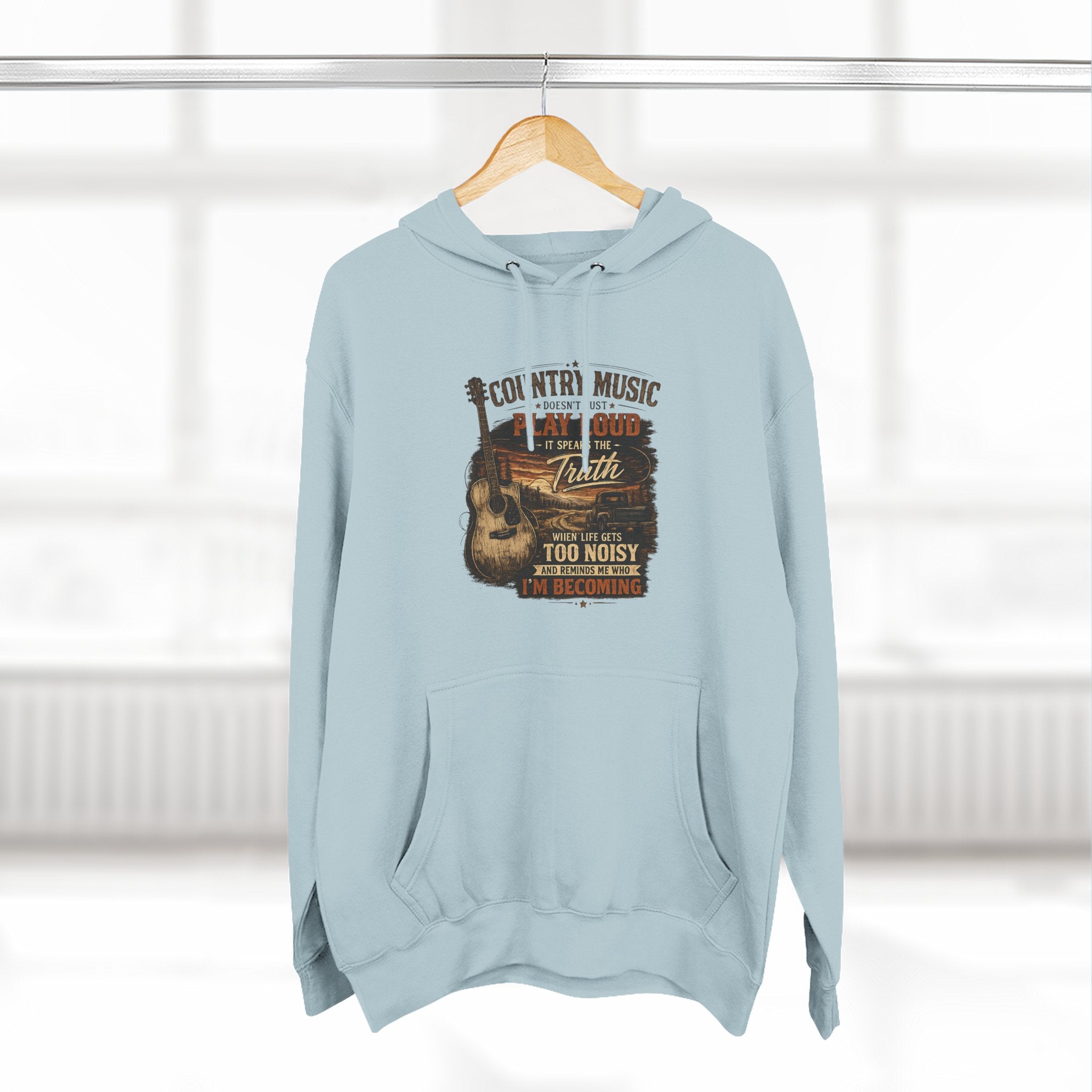 Country Music Guitar Hoodie — "Country Music: Too Loud For The City" Fleece Sweatshirt