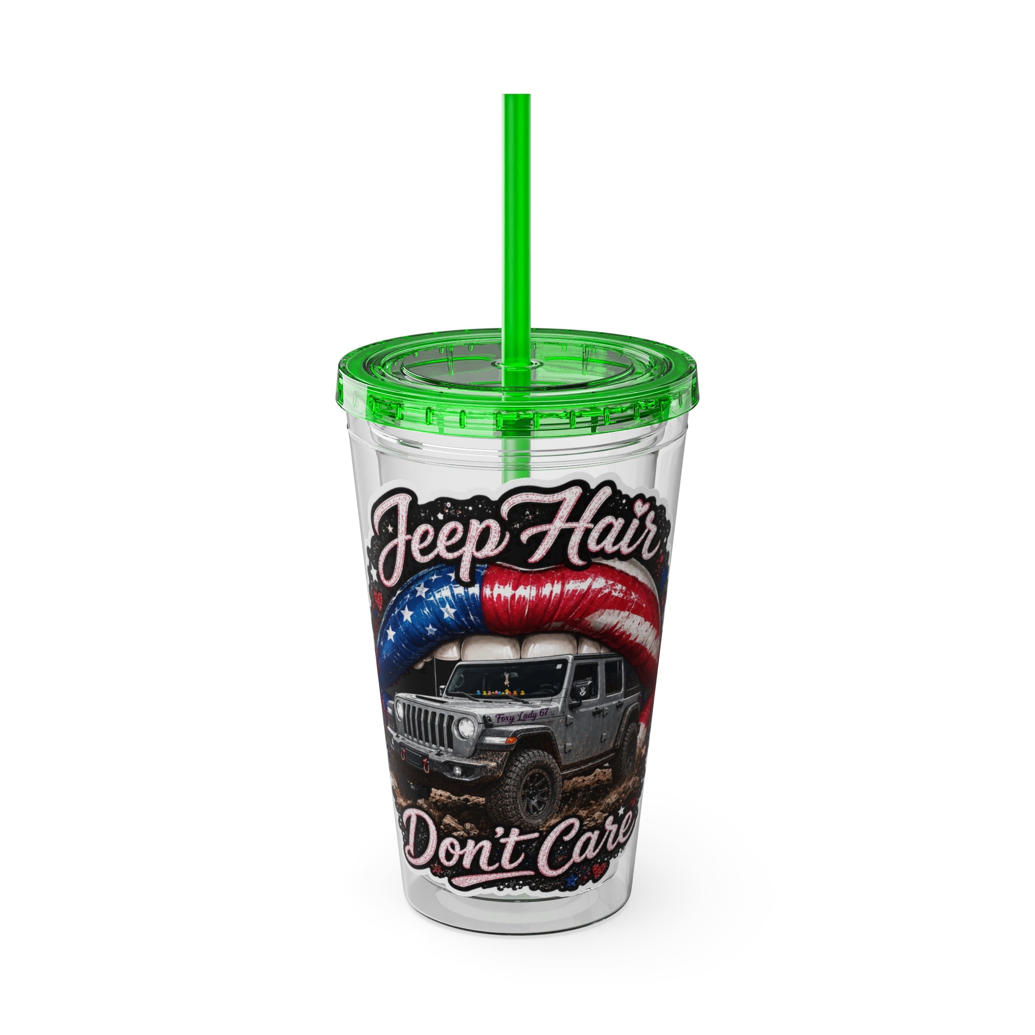 Jeep Hair Don't Care 16oz Tumbler with Straw — Patriotic Off-Road Truck Design