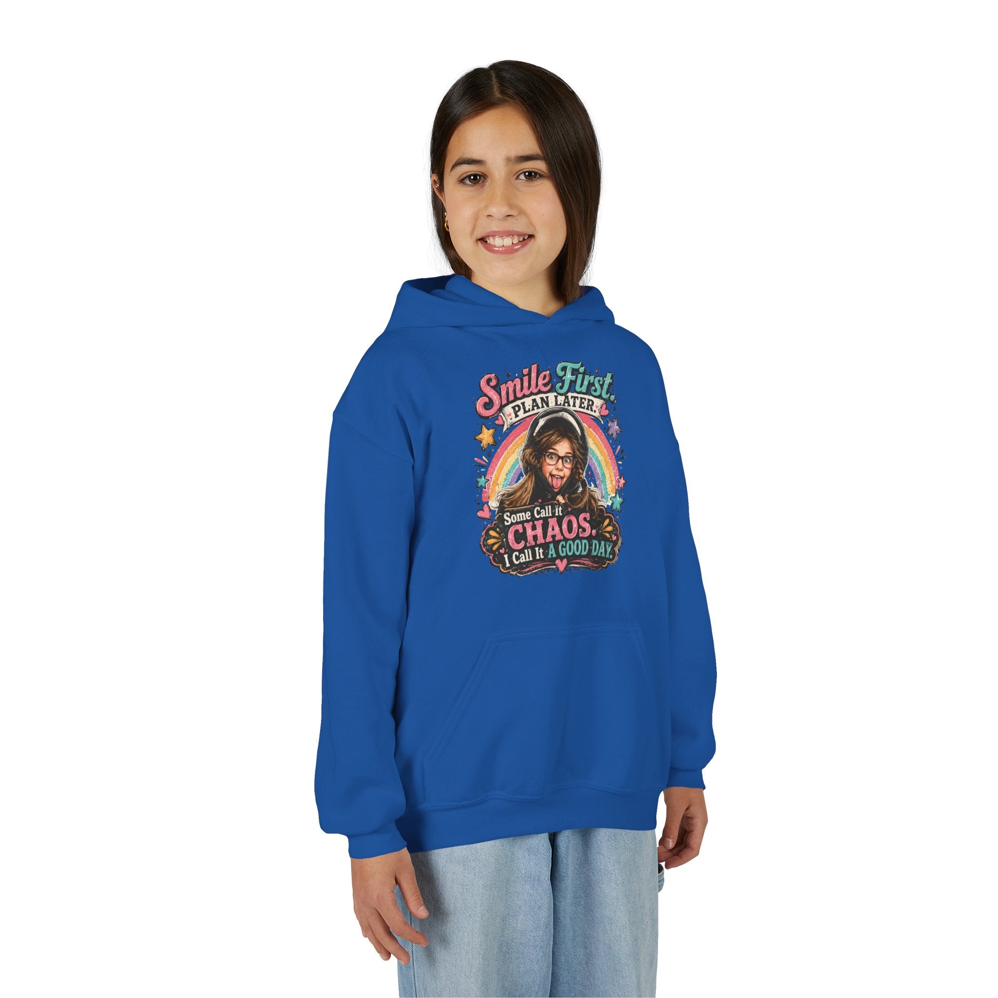 “Smile First, Plan Later” Retro Rainbow Chaos Graphic — Youth Hoodie