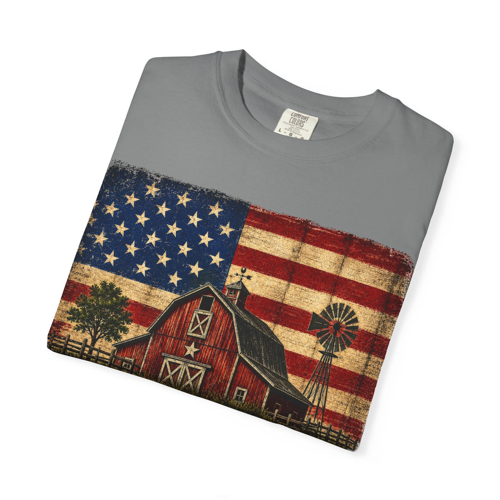 Small Town Big Freedom T-Shirt — Vintage American Flag Barn Tee