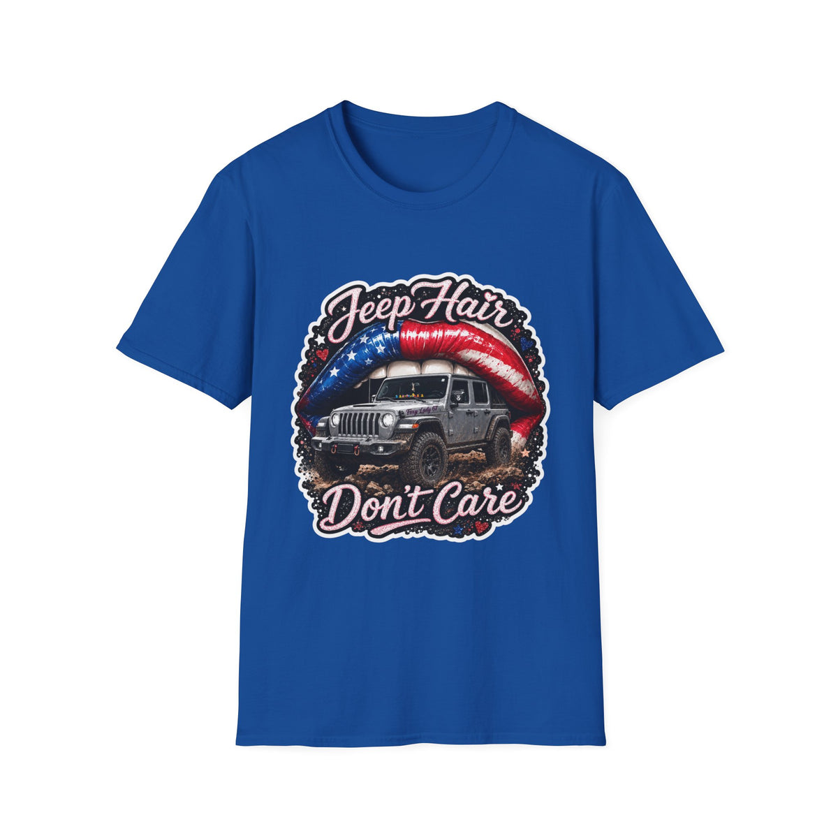 Jeep Hair Don't Care T-Shirt — American Flag Lips Off‑Road Graphic Tee