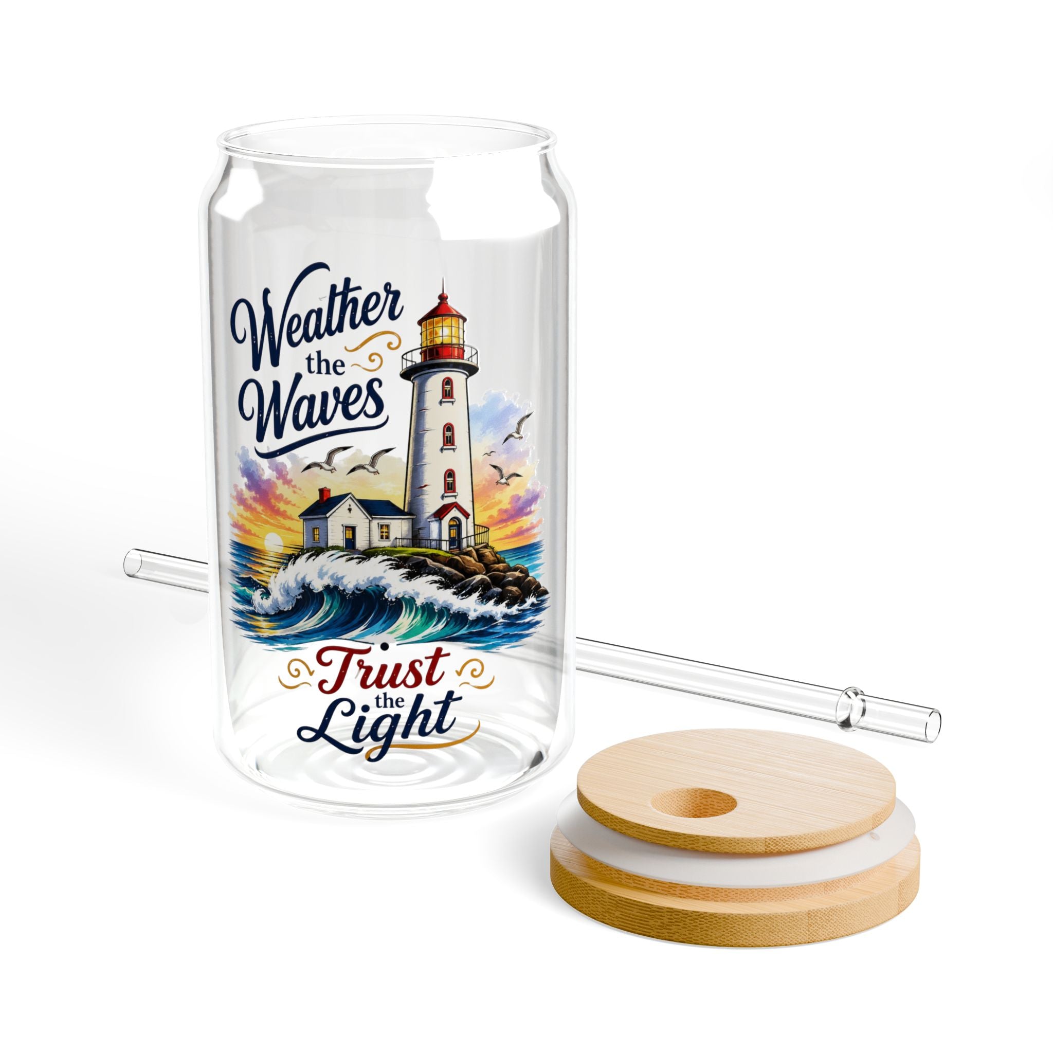 Lighthouse Sipper Glass 16oz – "Weather the Waves" Inspirational Travel Tumbler