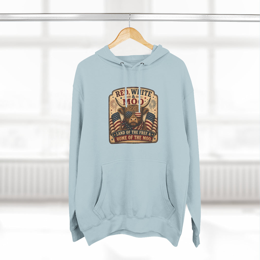 Red, White, & Moo Highland Cow Three-Panel Fleece Hoodie