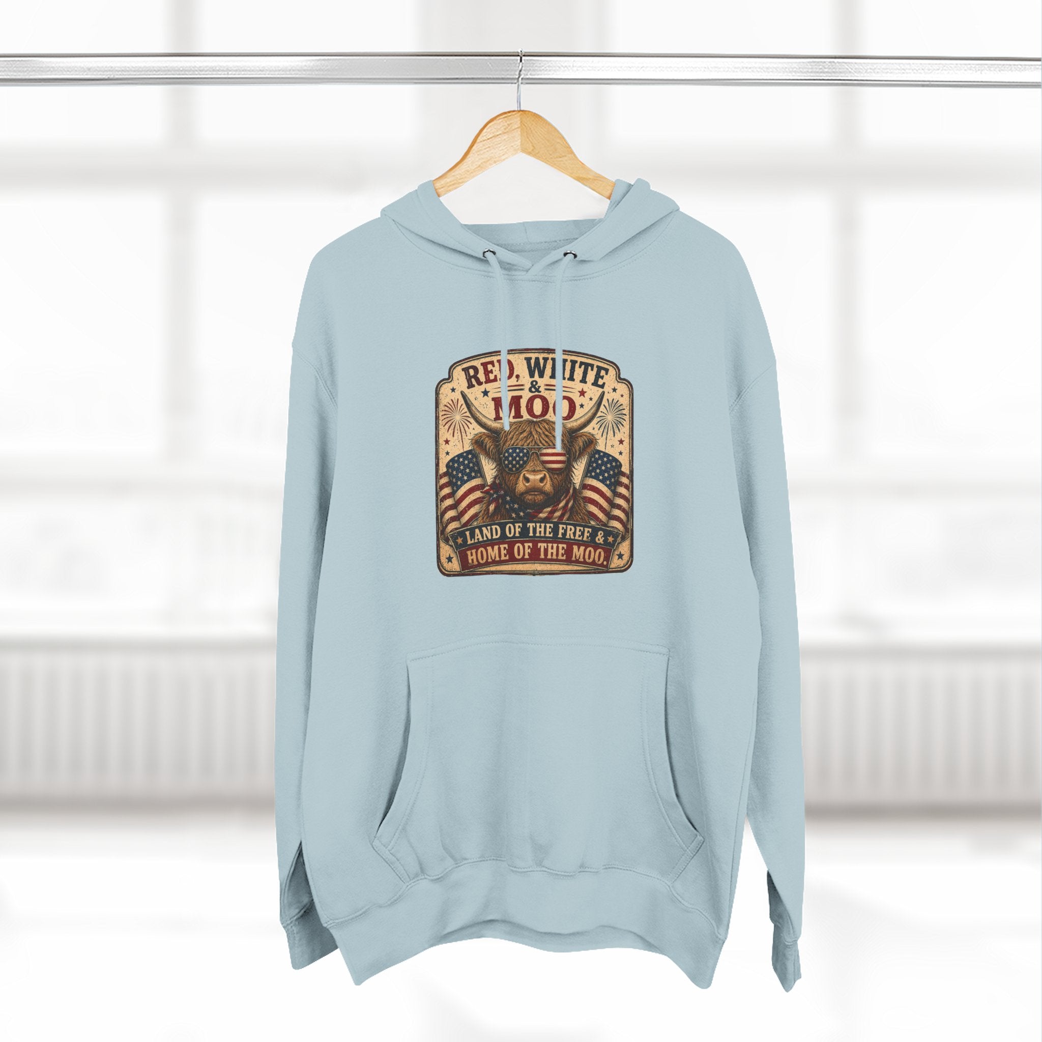 Red, White, & Moo Highland Cow Three-Panel Fleece Hoodie