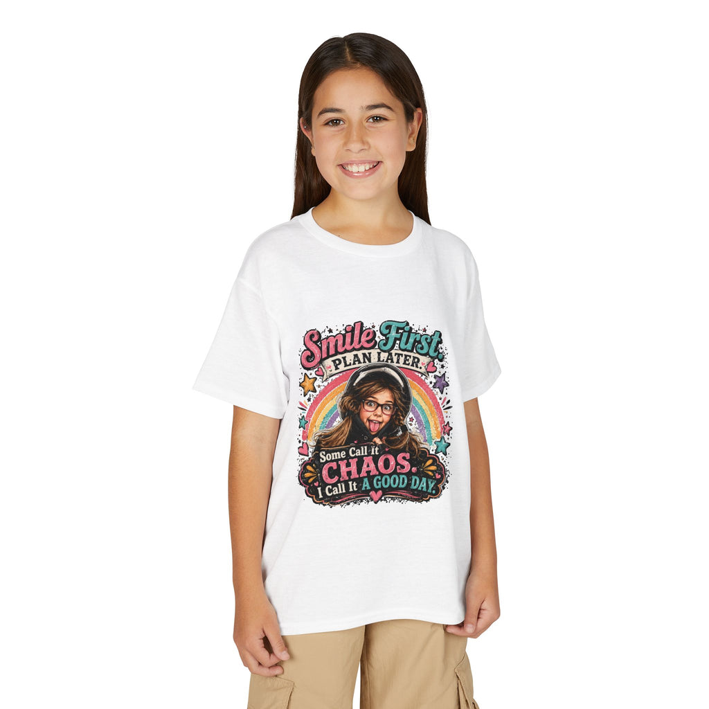 "Smile First, Plan Later" Funny Chaos Rainbow Kids Tee — Youth T-Shirt
