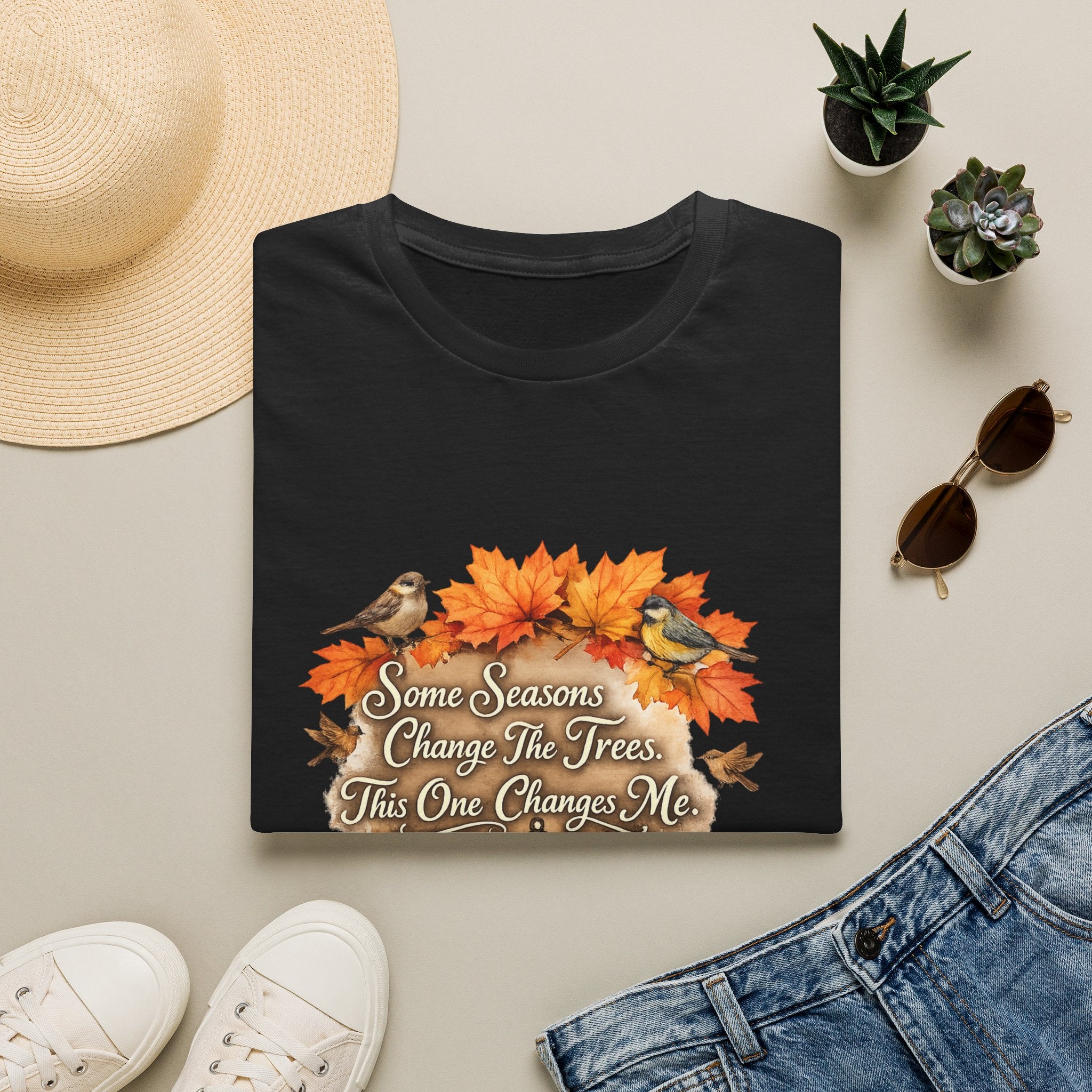 "Some Seasons Change The Trees, This One Changes Me" Autumn Bird Tee — Fall Leaves T-Shirt