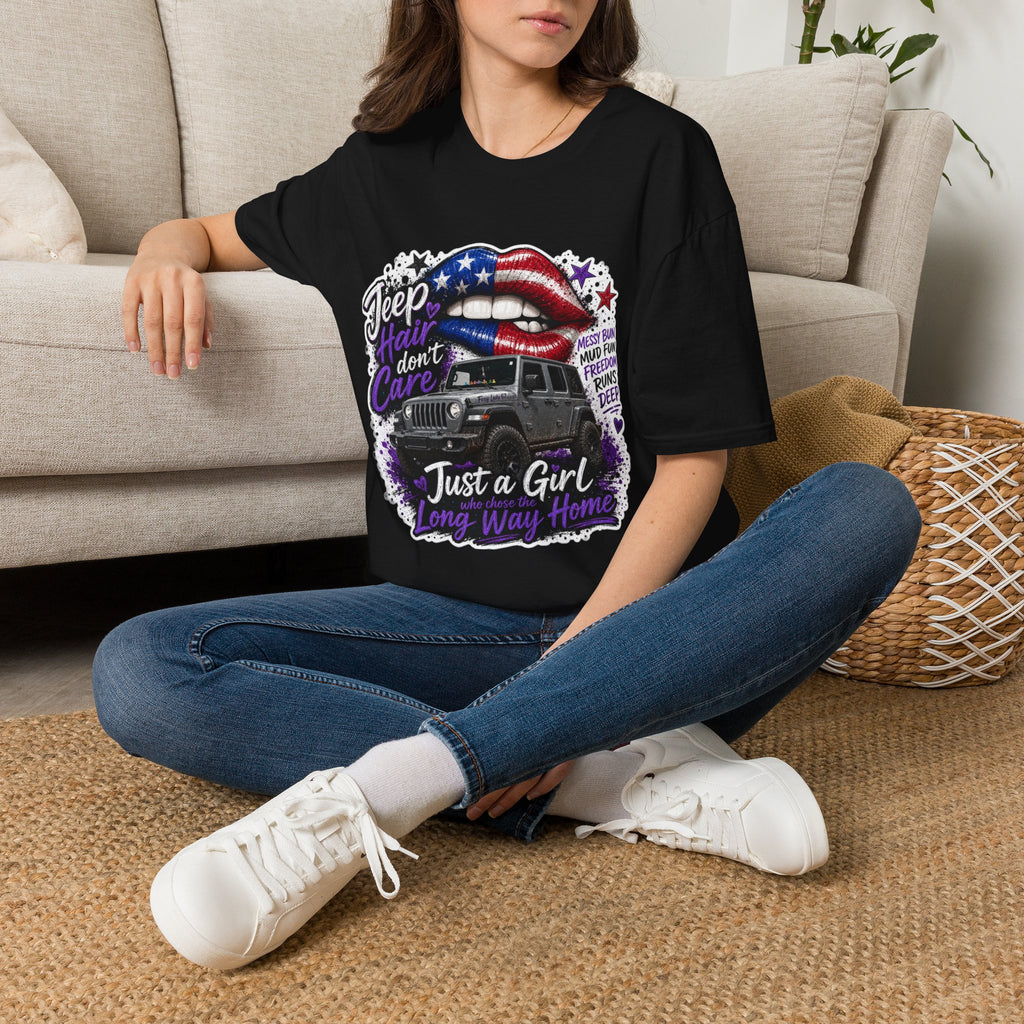 Jeep Hair Don't Care T-Shirt — American Flag Lips Off-Road Truck Tee